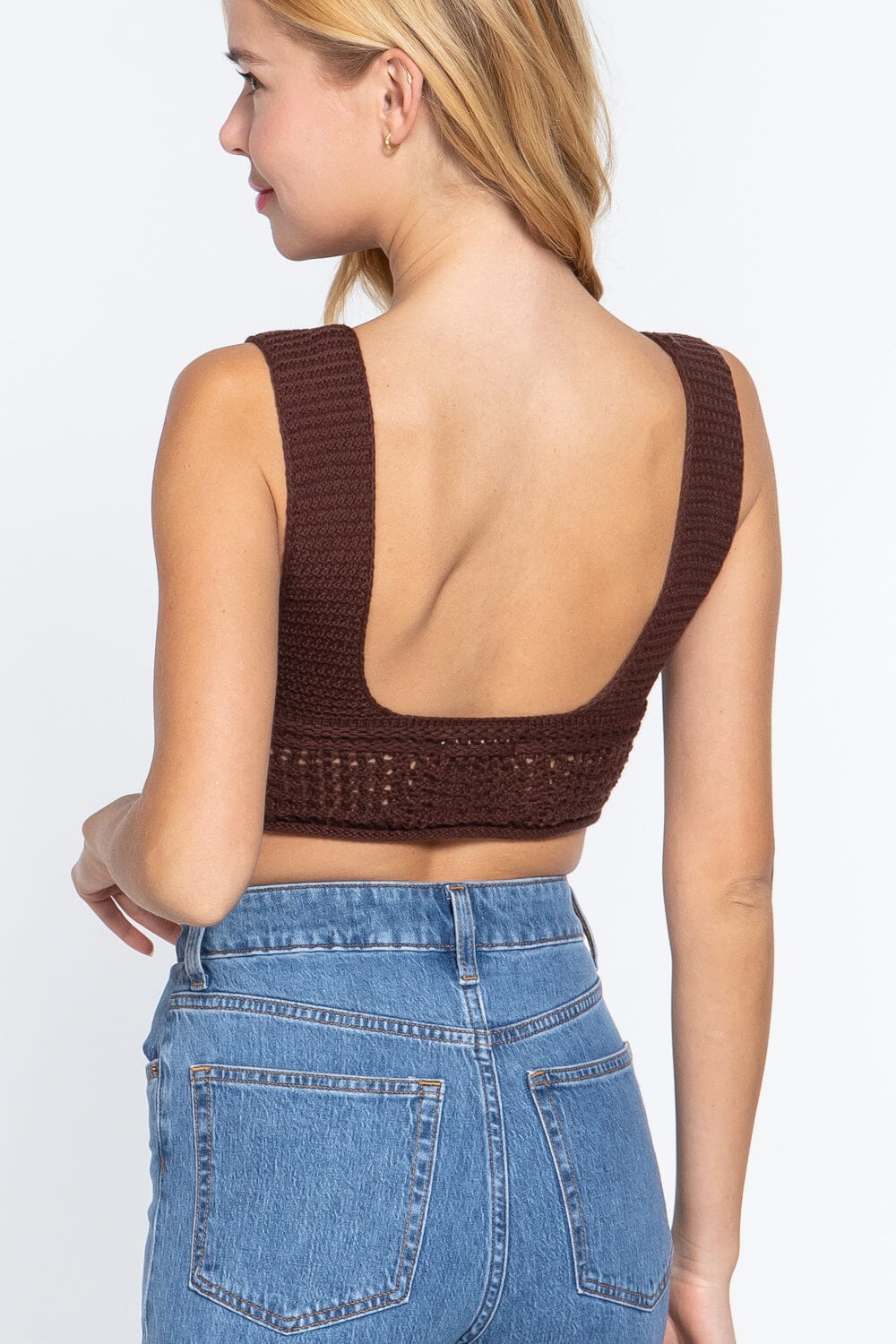 Women Sleeveless Textured Crop Sweater Tank Top Shirts & Tops jehouze 