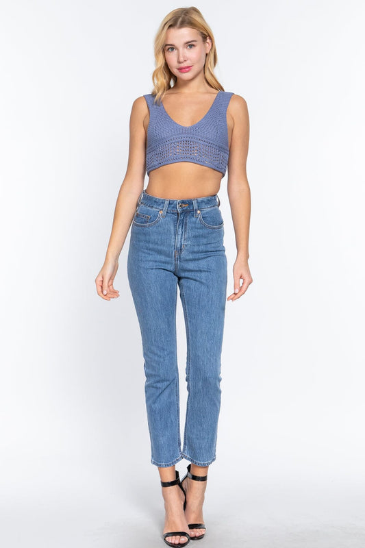 Women Sleeveless Textured Crop Sweater Tank Top Shirts & Tops jehouze 