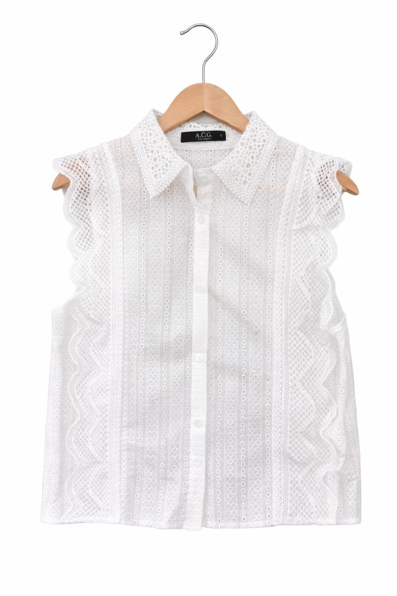 Women Sleeveless Timeless Cotton Eyelet Lace Button-front Blouse Shirts & Tops jehouze 