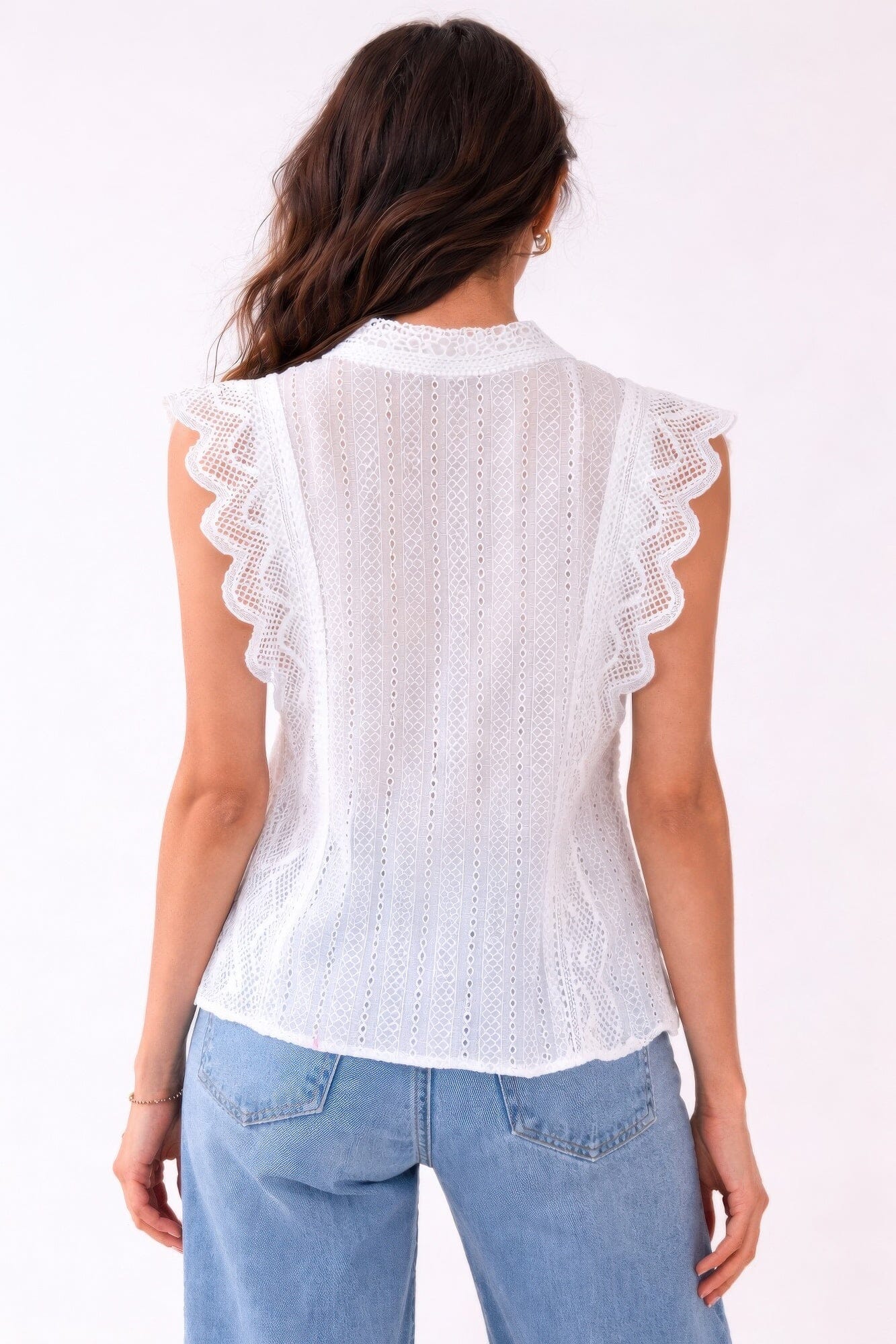 Women Sleeveless Timeless Cotton Eyelet Lace Button-front Blouse Shirts & Tops jehouze 