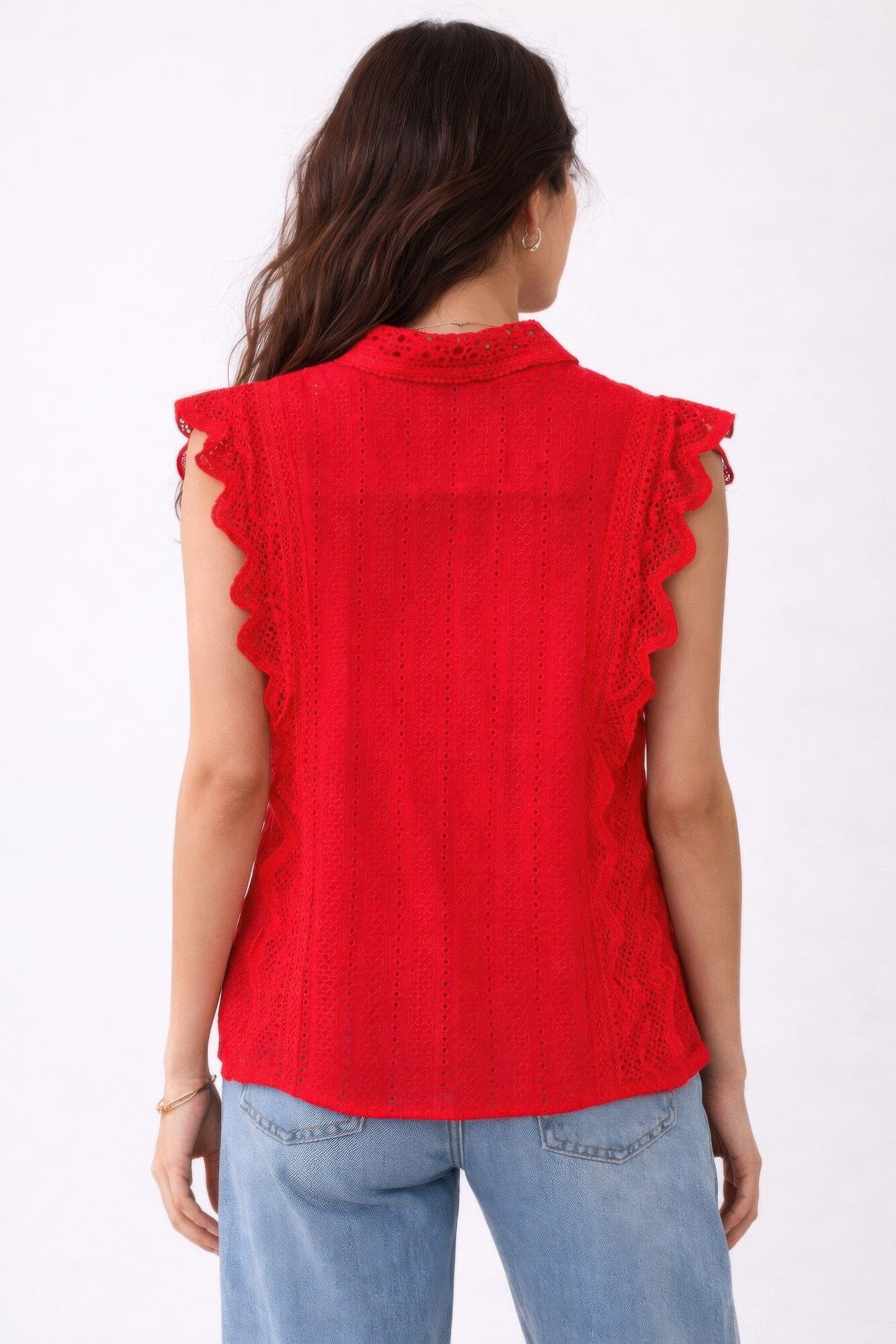 Women Sleeveless Timeless Cotton Eyelet Lace Button-front Blouse Shirts & Tops jehouze 