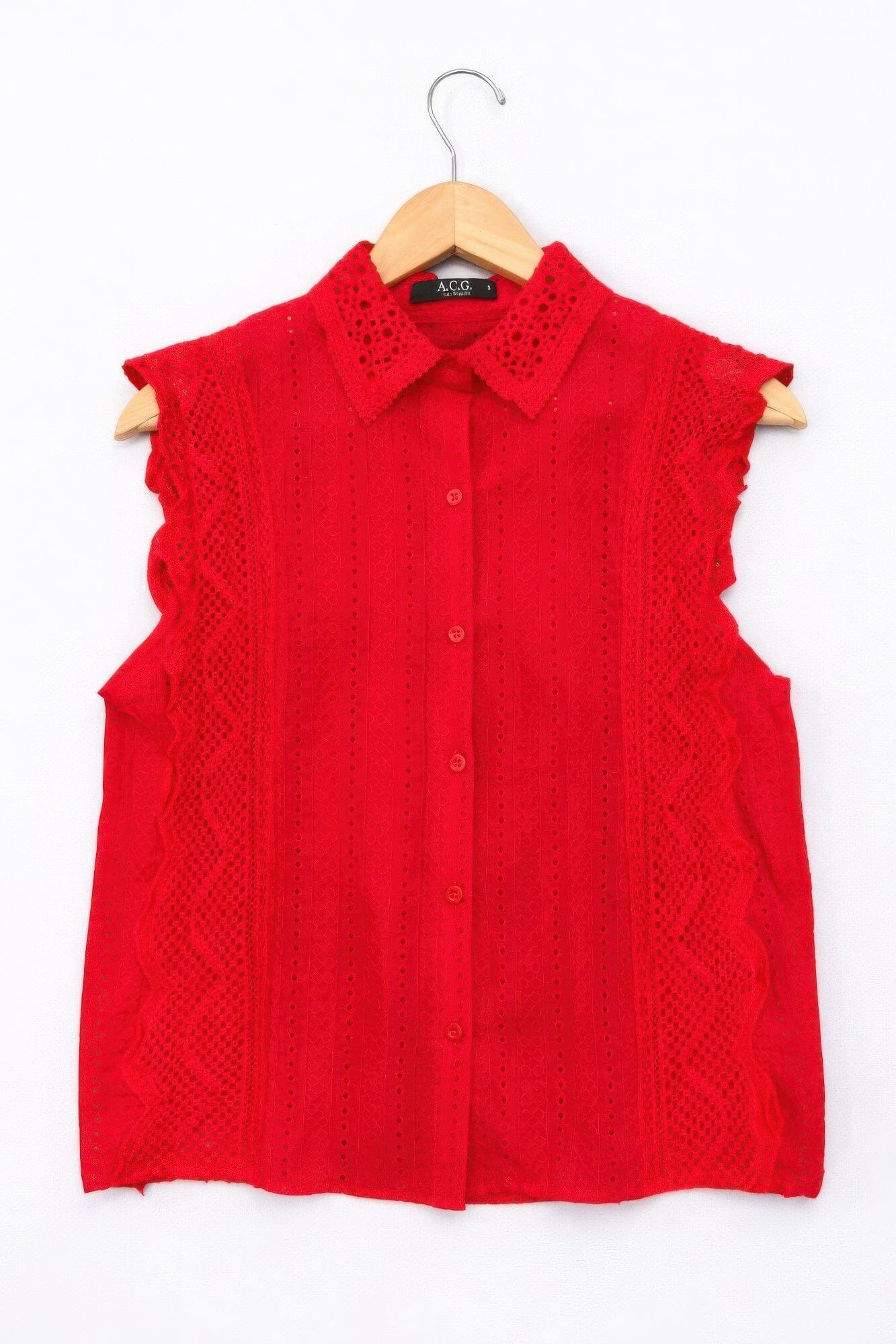 Women Sleeveless Timeless Cotton Eyelet Lace Button-front Blouse Shirts & Tops jehouze 