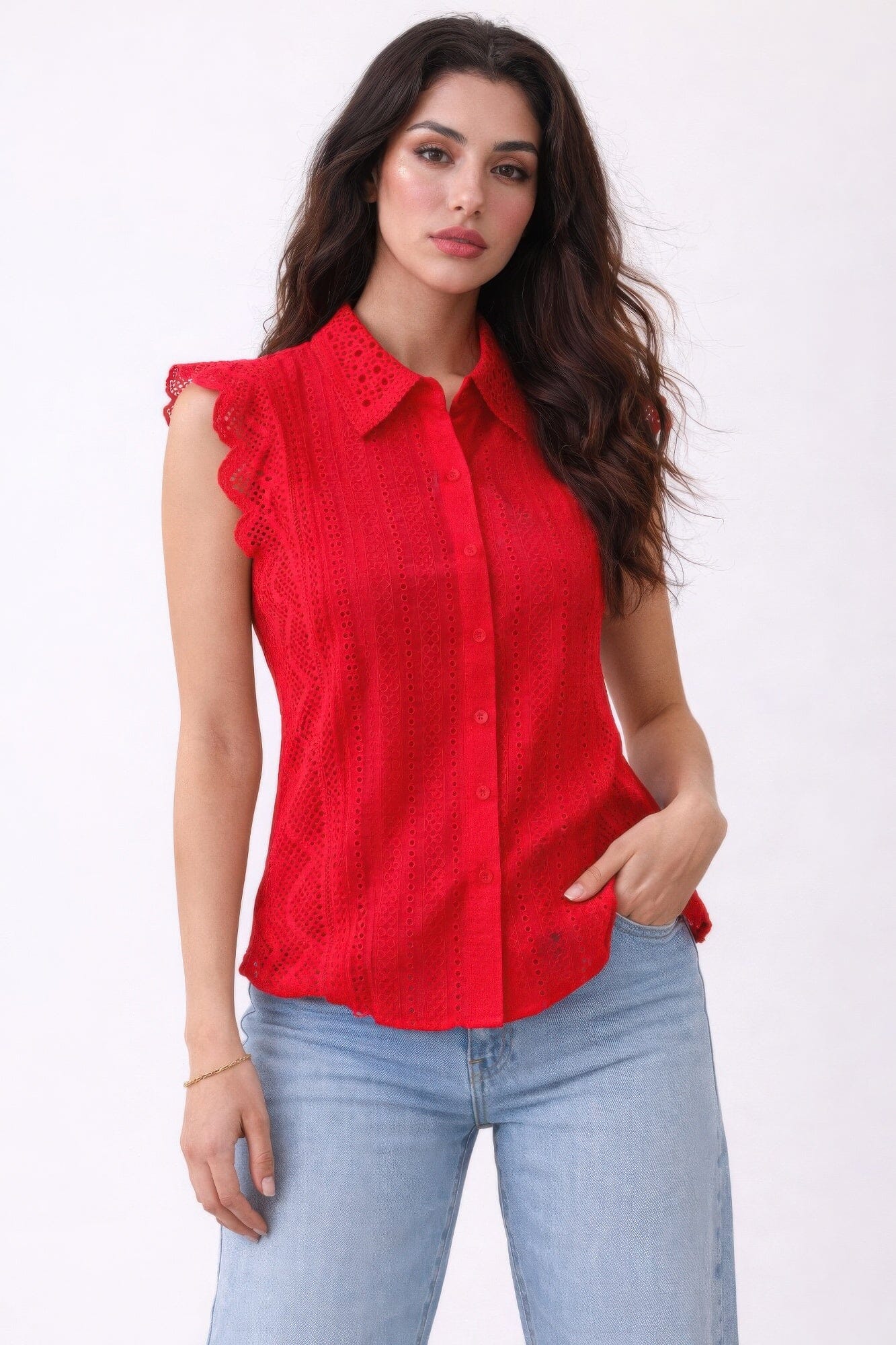 Women Sleeveless Timeless Cotton Eyelet Lace Button-front Blouse Shirts & Tops jehouze Red S 