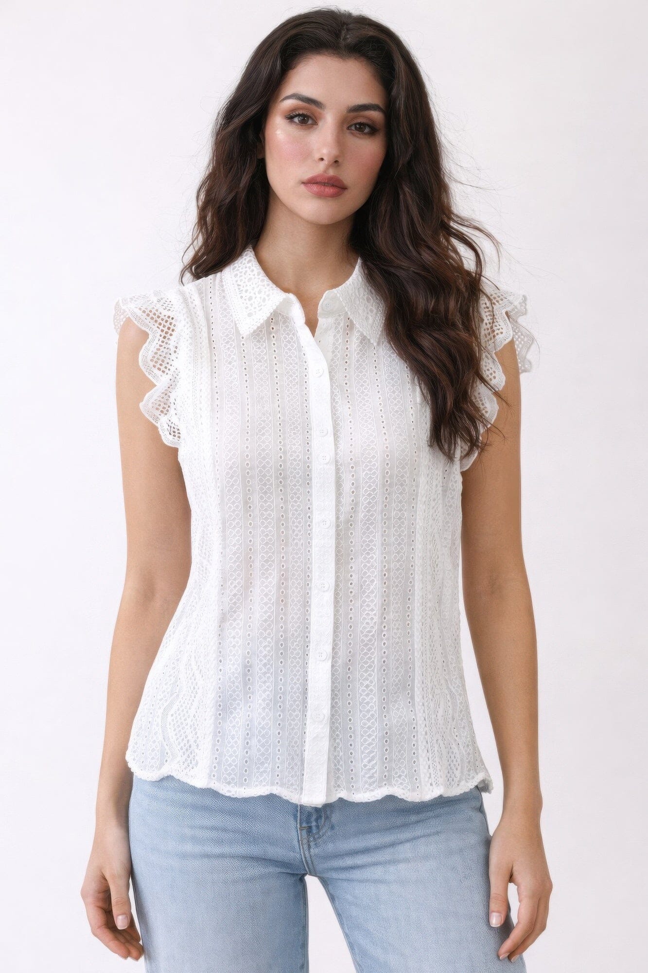 Women Sleeveless Timeless Cotton Eyelet Lace Button-front Blouse Shirts & Tops jehouze White S 