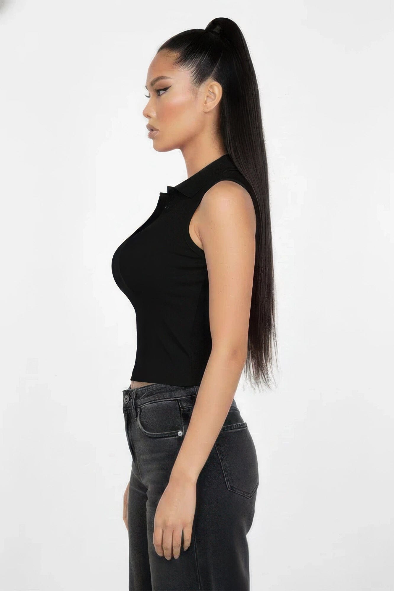 Women Slim-fit Sleeveless Polo Collar Crop Top Shirts & Tops jehouze 