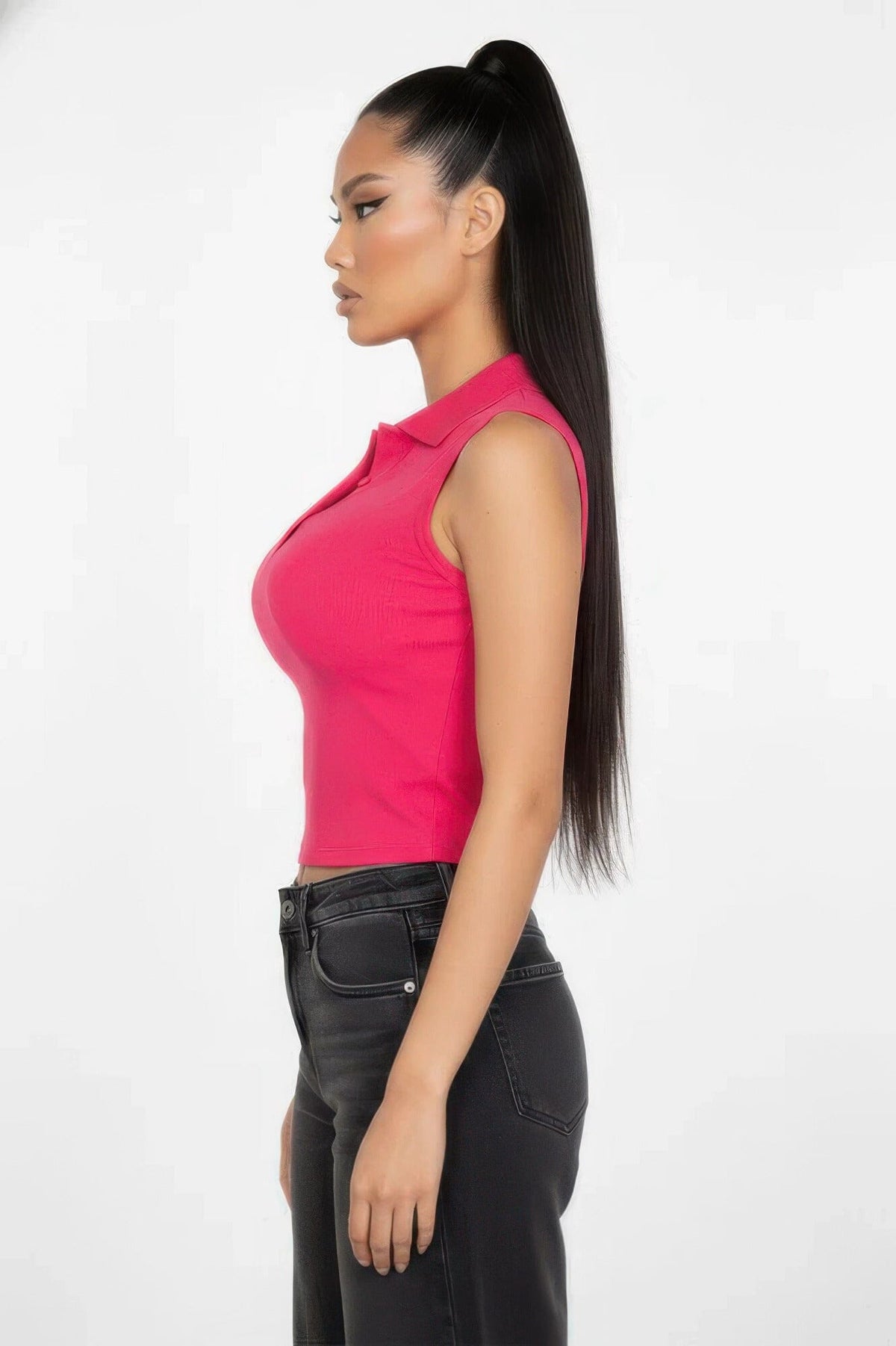 Women Slim-fit Sleeveless Polo Collar Crop Top Shirts & Tops jehouze Fuchsia S 