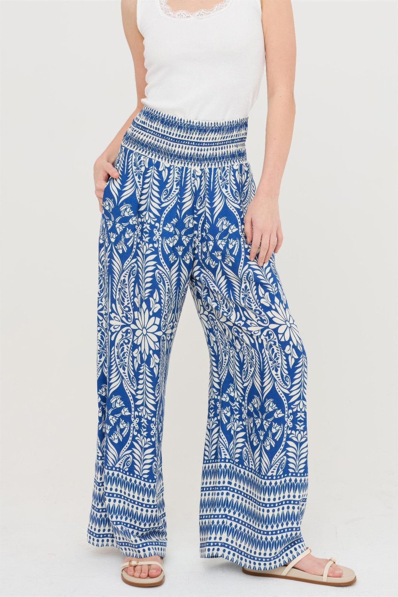Women Smocked Waist Floral Pants Pants jehouze 