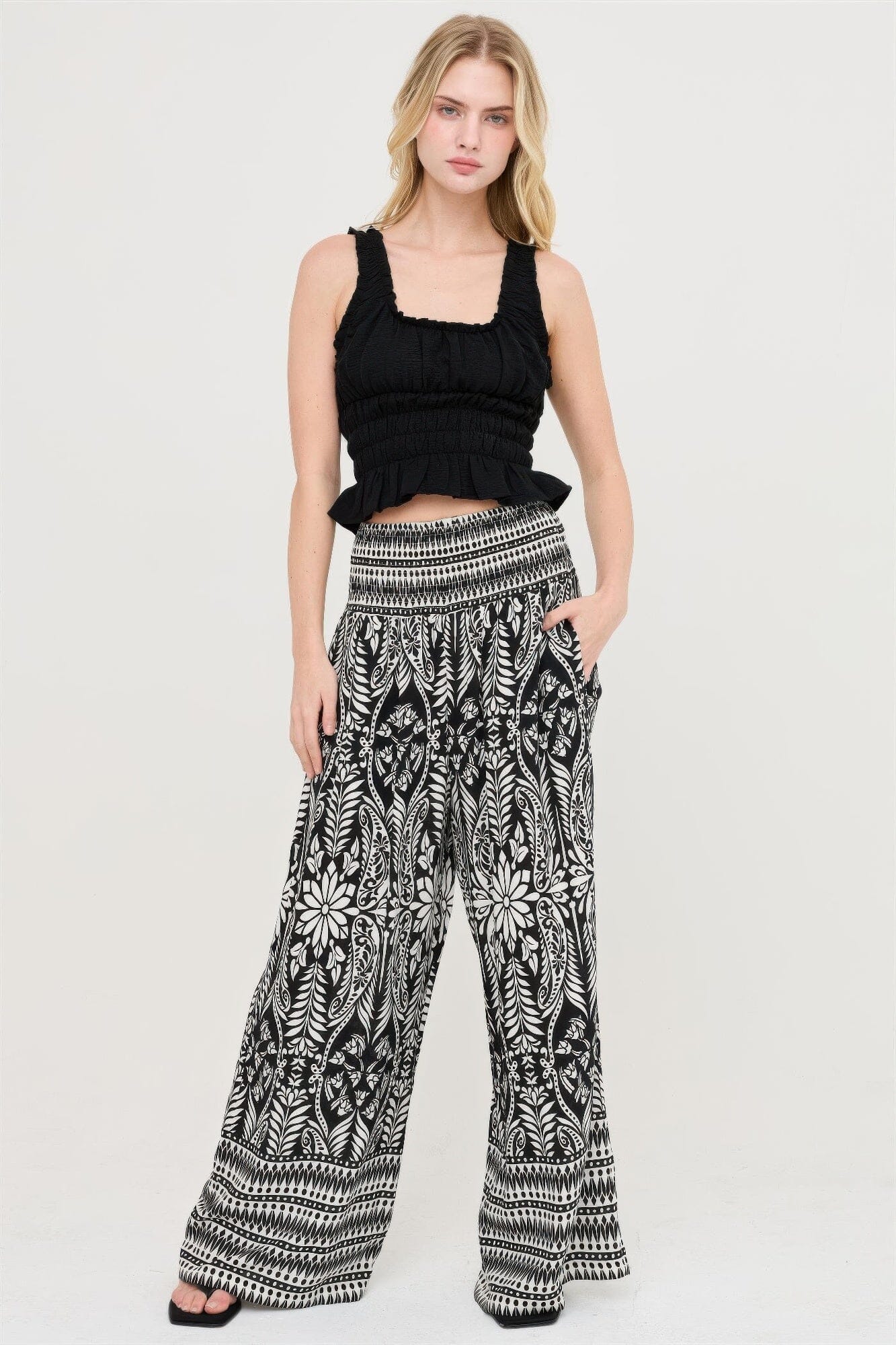 Women Smocked Waist Floral Pants Pants jehouze Black S 