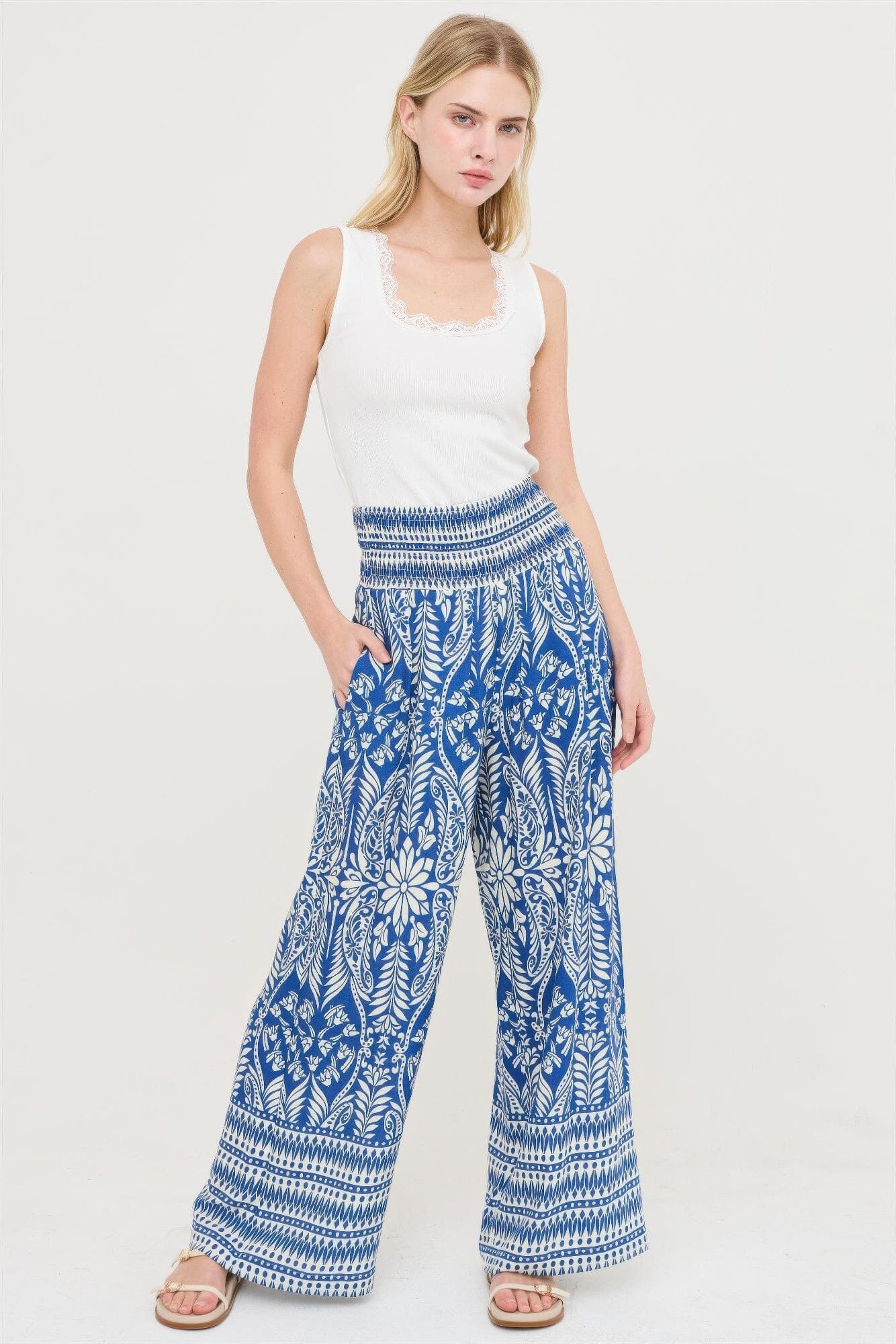 Women Smocked Waist Floral Pants Pants jehouze Blue S 