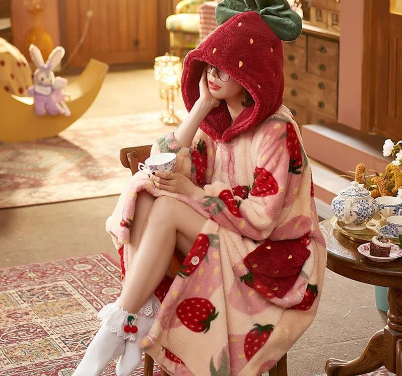 Women Soft Plush Fleece Hooded Strawberry Winter Flannel Cute Loungewear Sleepwear & Loungewear jehouze 