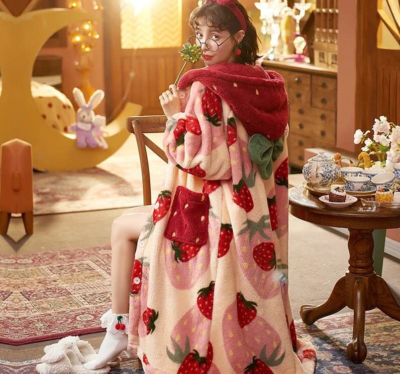 Women Soft Plush Fleece Hooded Strawberry Winter Flannel Cute Loungewear Sleepwear & Loungewear jehouze M 
