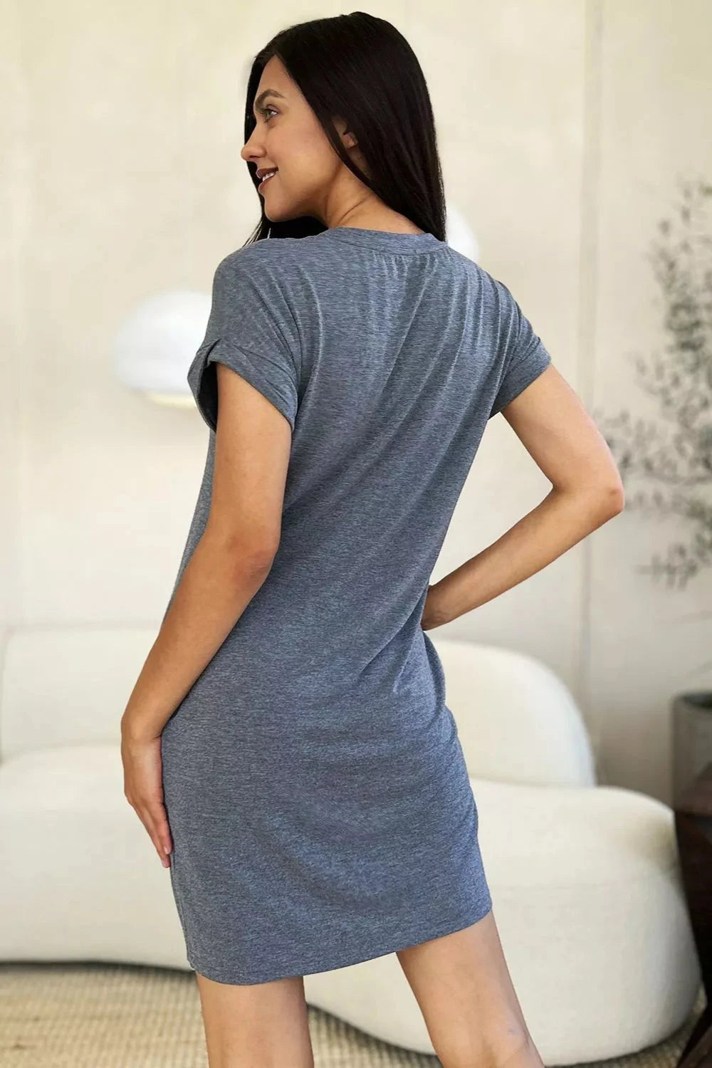 Women Solid Round Neck Short Sleeve Casual Loose Mini T-Shirt Dress with Side Pockets Dresses jehouze 