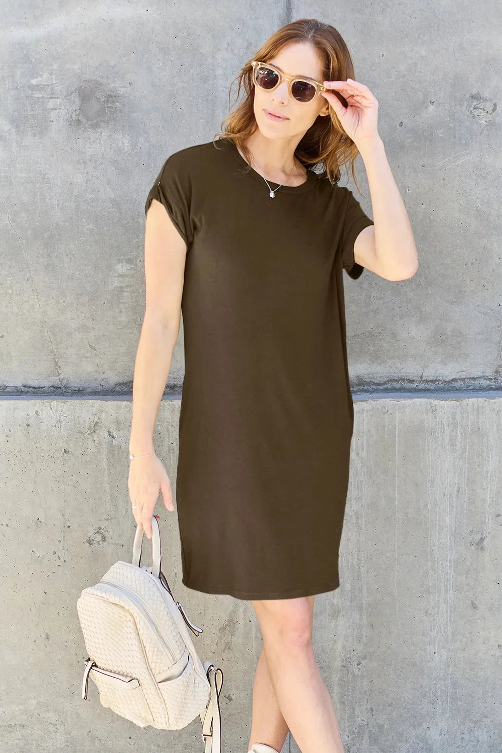 Women Solid Round Neck Short Sleeve Casual Loose Mini T-Shirt Dress with Side Pockets Dresses jehouze 