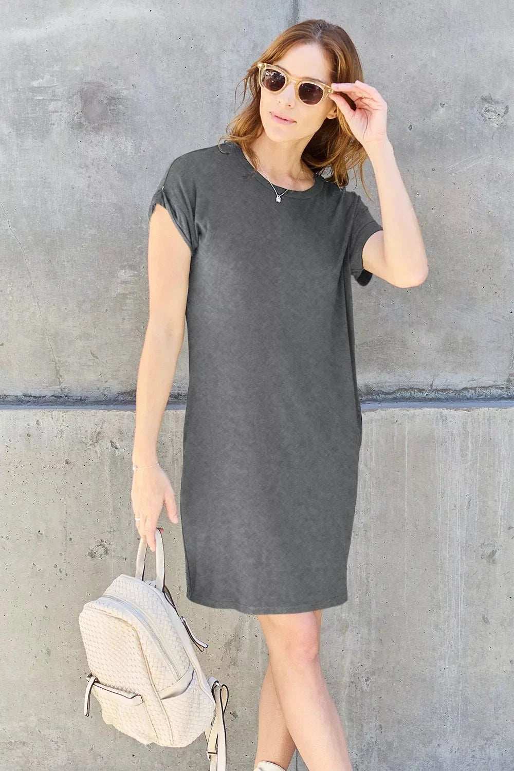 Women Solid Round Neck Short Sleeve Casual Loose Mini T-Shirt Dress with Side Pockets Dresses jehouze 