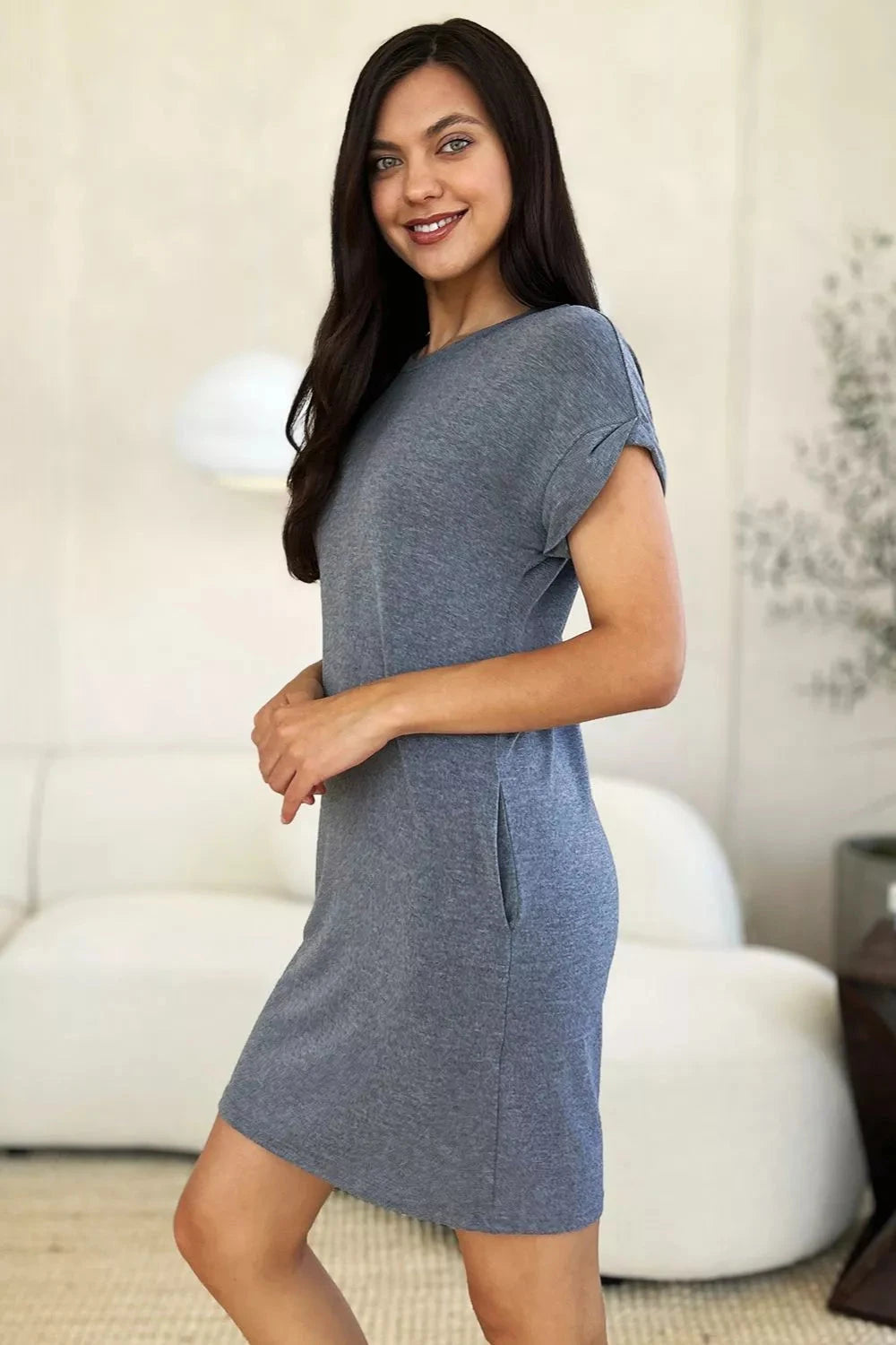 Women Solid Round Neck Short Sleeve Casual Loose Mini T-Shirt Dress with Side Pockets Dresses jehouze 