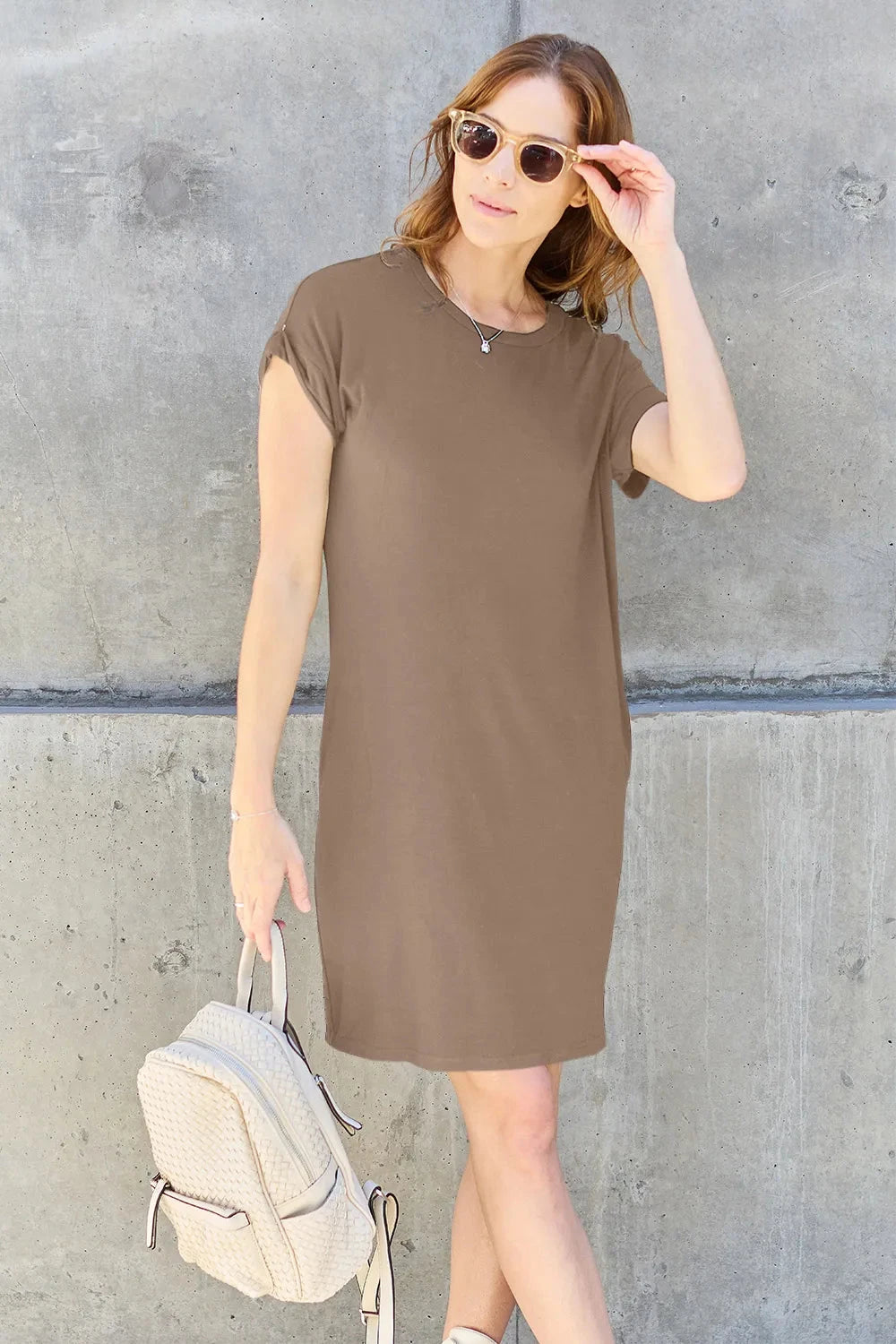 Women Solid Round Neck Short Sleeve Casual Loose Mini T-Shirt Dress with Side Pockets Dresses jehouze 