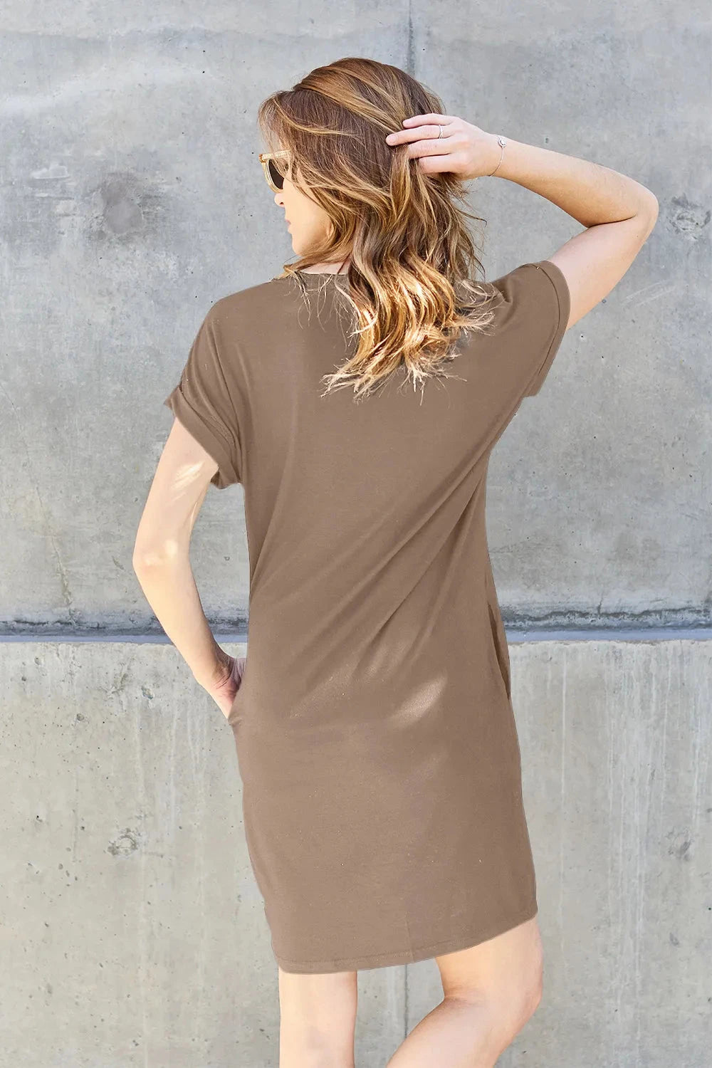Women Solid Round Neck Short Sleeve Casual Loose Mini T-Shirt Dress with Side Pockets Dresses jehouze 