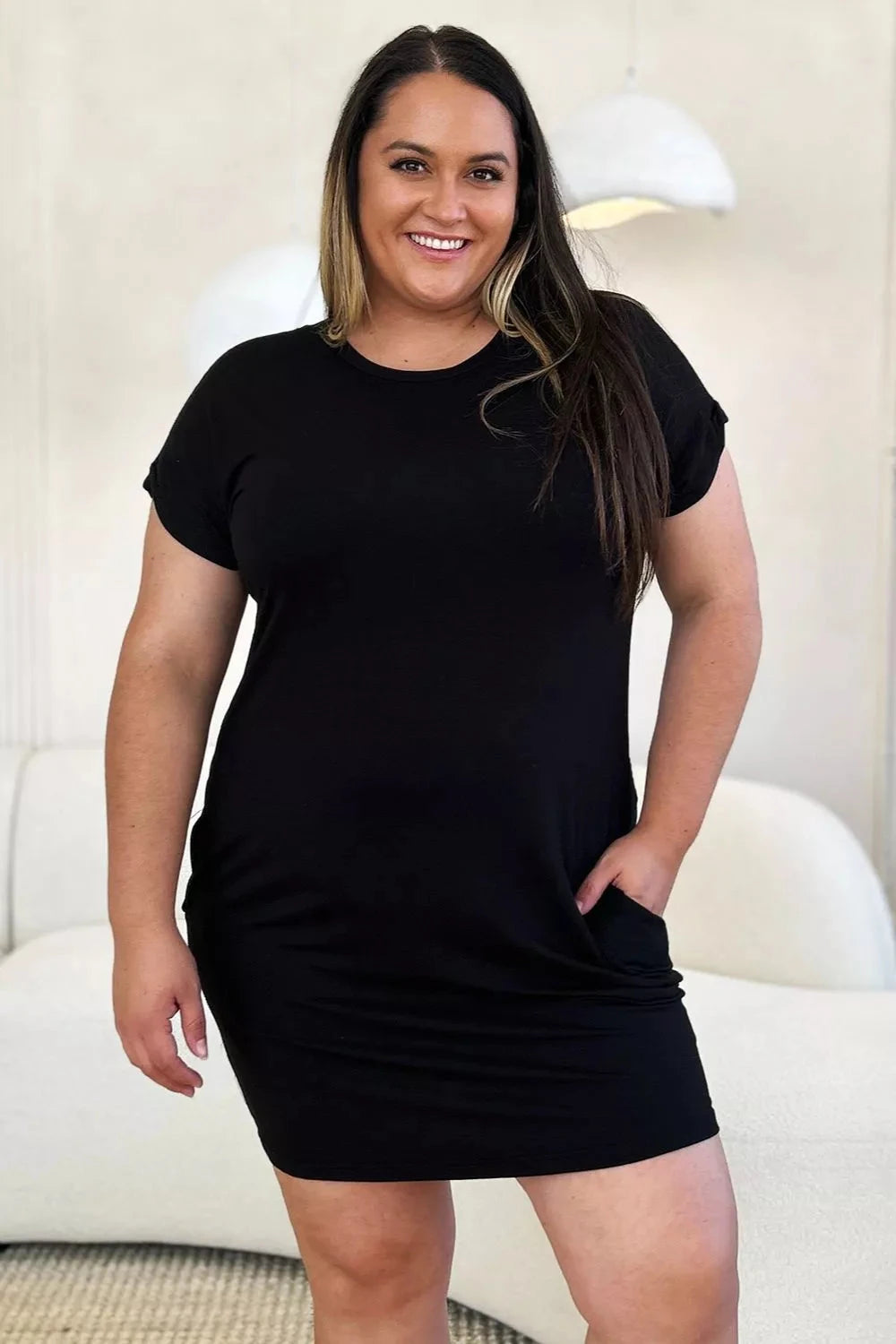 Women Solid Round Neck Short Sleeve Casual Loose Mini T-Shirt Dress with Side Pockets Dresses jehouze Black S 