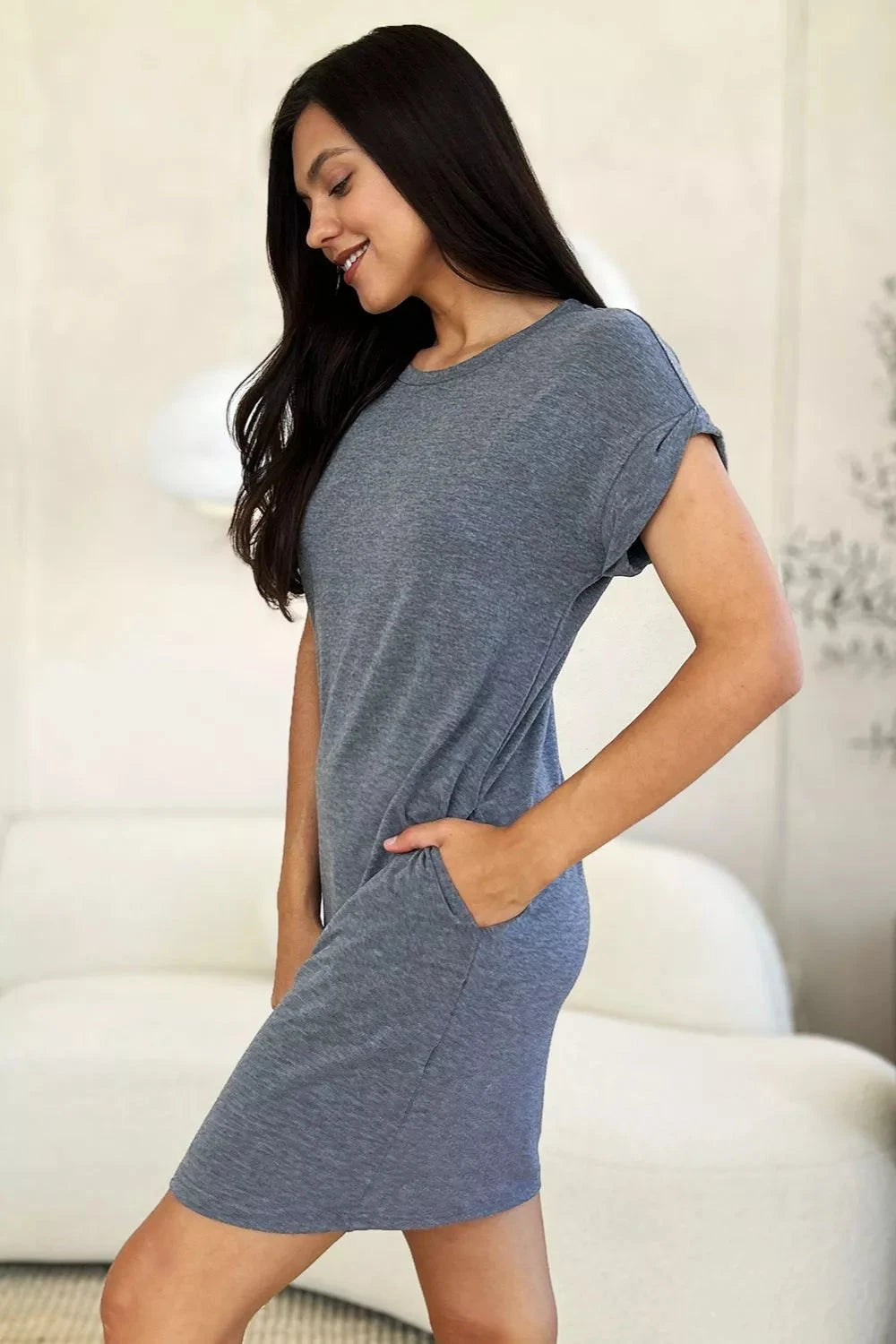 Women Solid Round Neck Short Sleeve Casual Loose Mini T-Shirt Dress with Side Pockets Dresses jehouze Gray S 