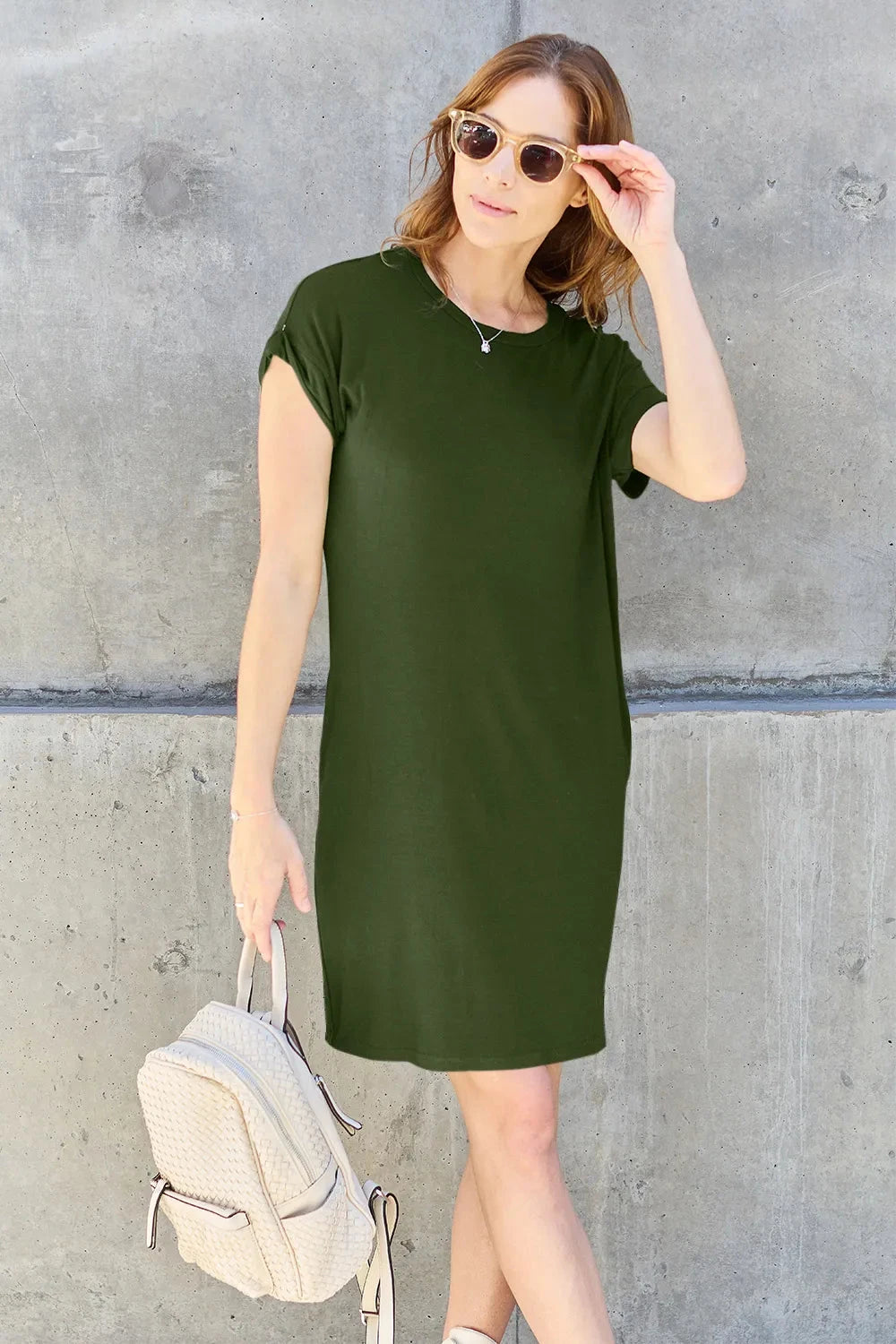 Women Solid Round Neck Short Sleeve Casual Loose Mini T-Shirt Dress with Side Pockets Dresses jehouze Moss S 