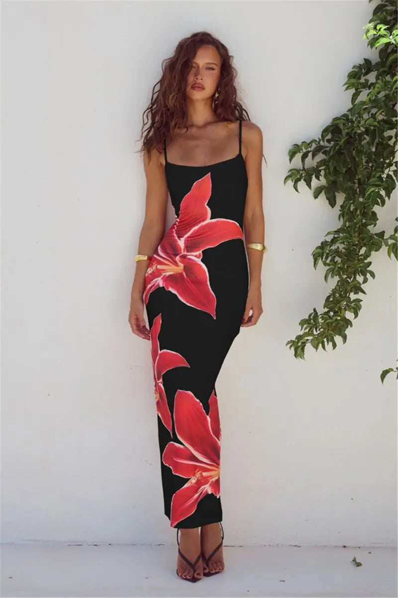 Women Spaghetti Strap Floral Bodycon Party Cocktail Long Dress Dresses jehouze Black S 