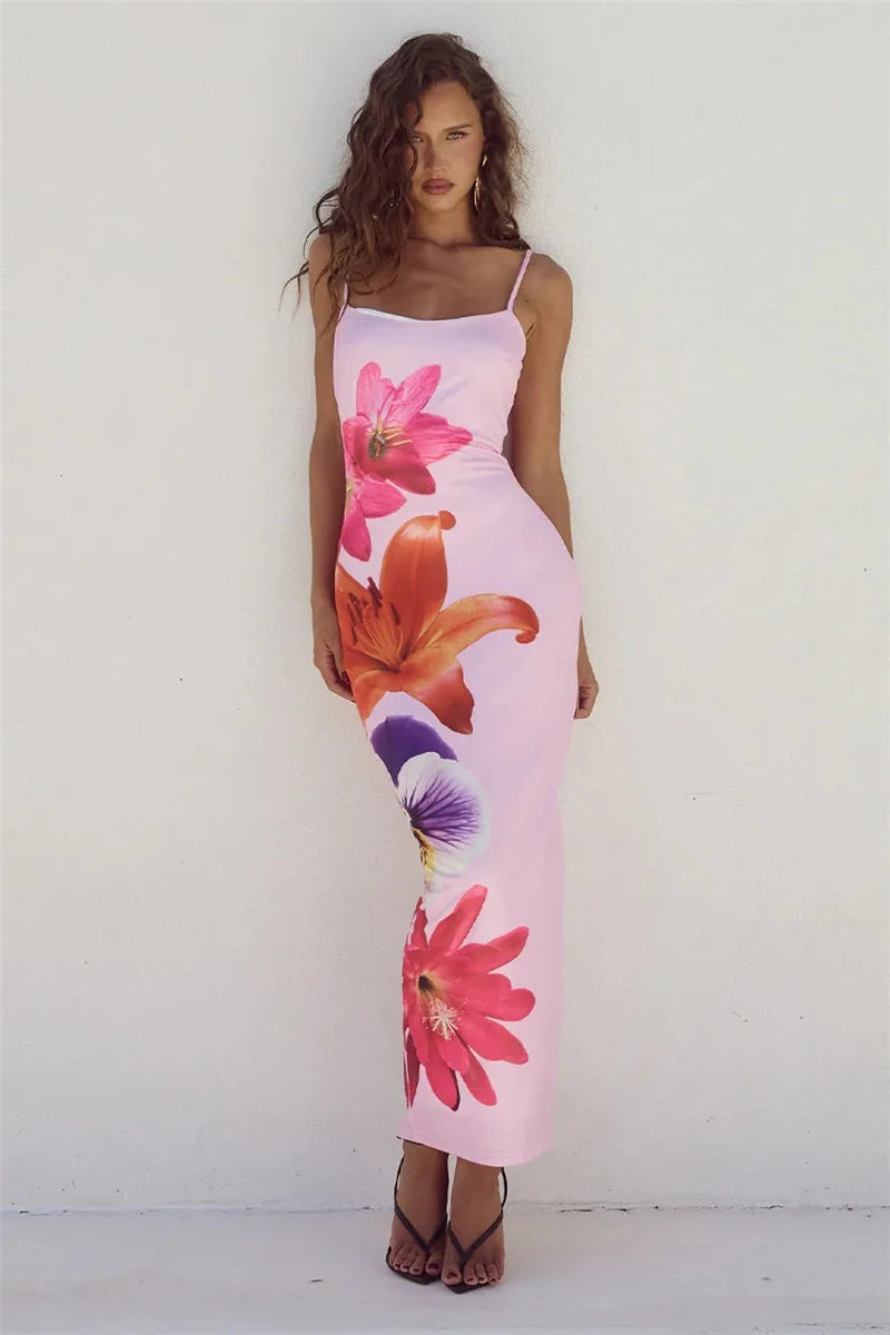 Women Spaghetti Strap Floral Bodycon Party Cocktail Long Dress Dresses jehouze Pink S 