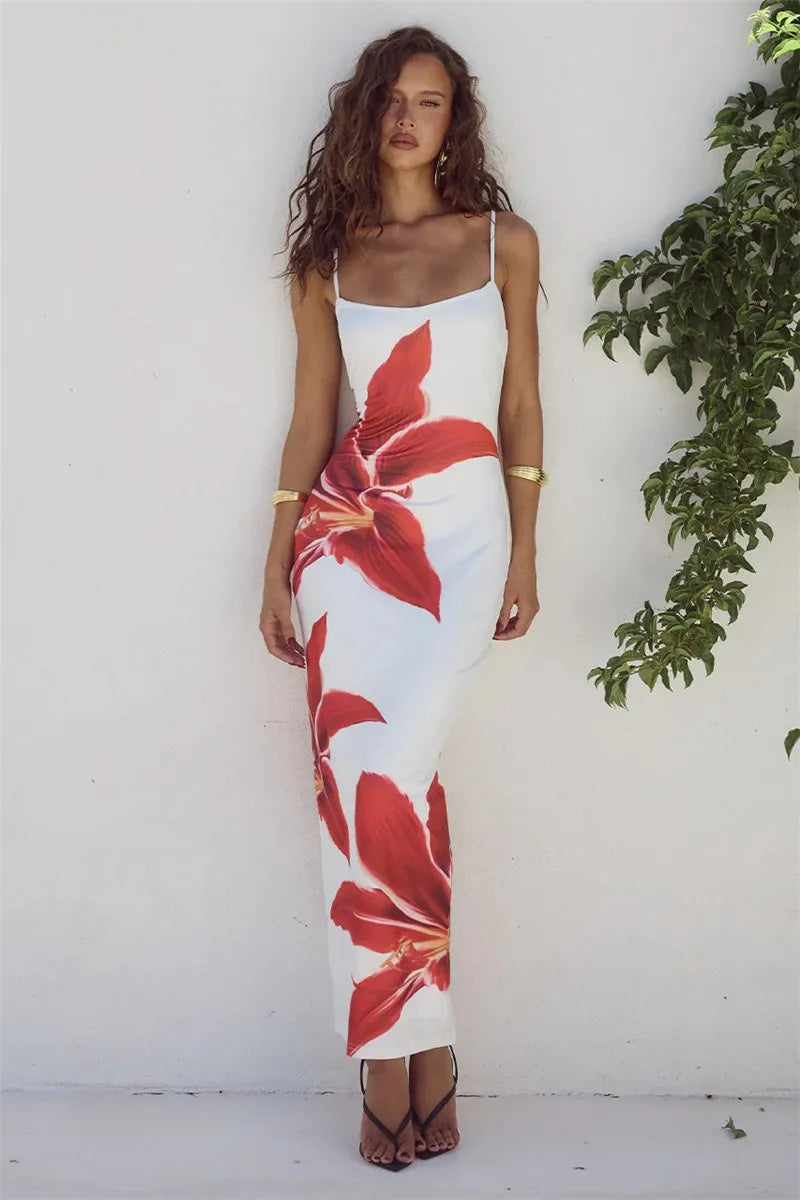 Women Spaghetti Strap Floral Bodycon Party Cocktail Long Dress Dresses jehouze White S 