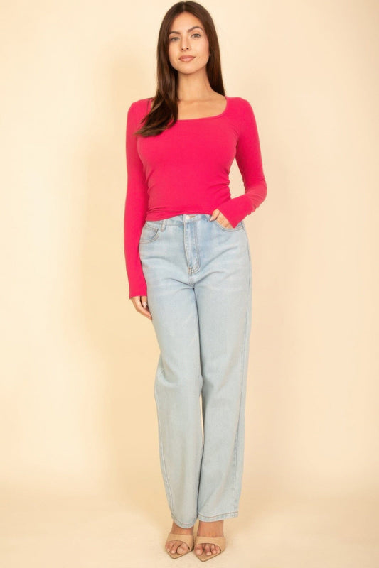 Women Square Neck Long Sleeve Top Shirts & Tops jehouze Fuchsia S 