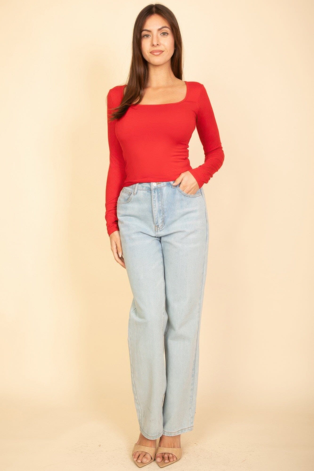 Women Square Neck Long Sleeve Top Shirts & Tops jehouze Red S 