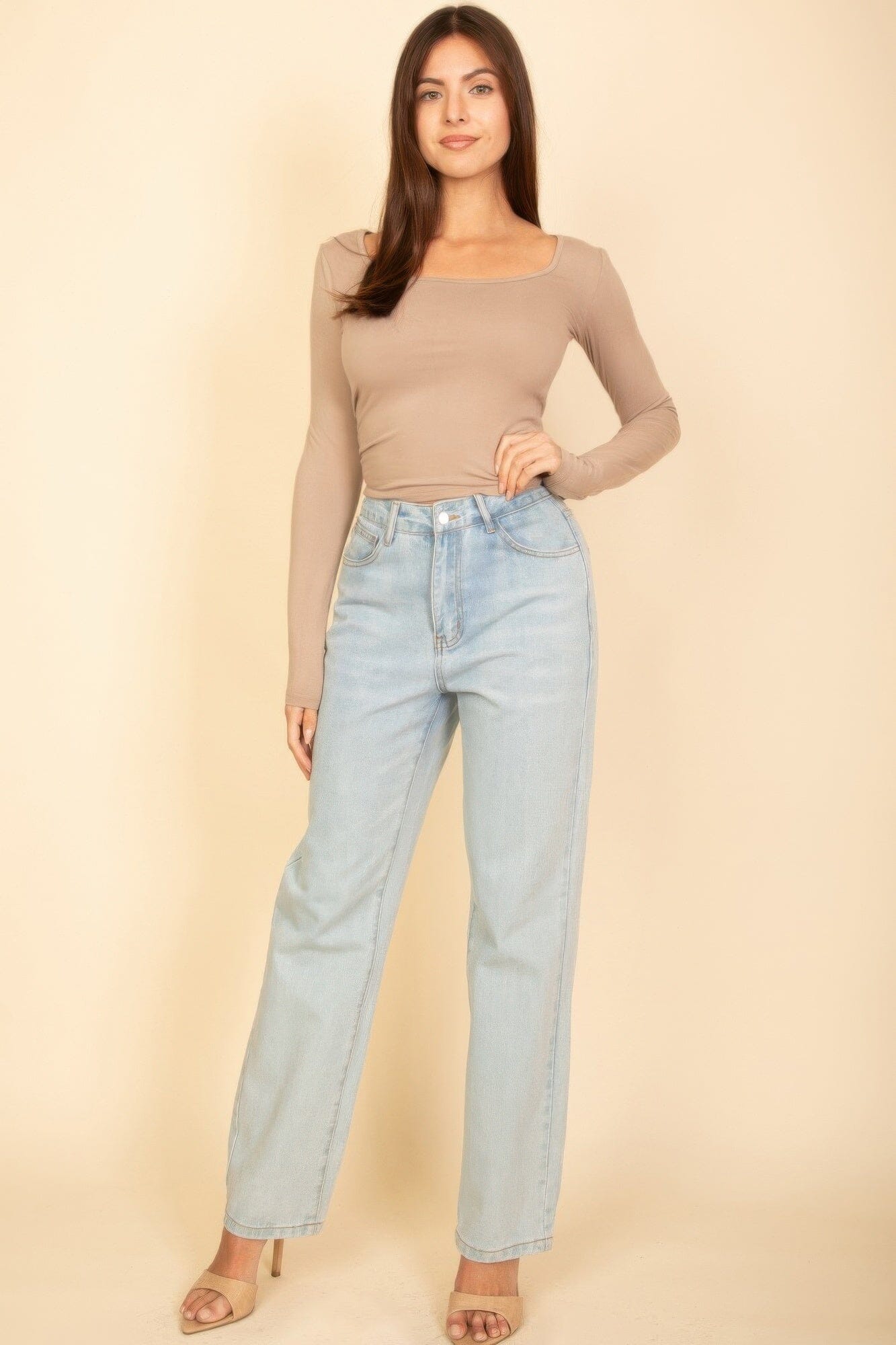 Women Square Neck Long Sleeve Top Shirts & Tops jehouze Taupe S 