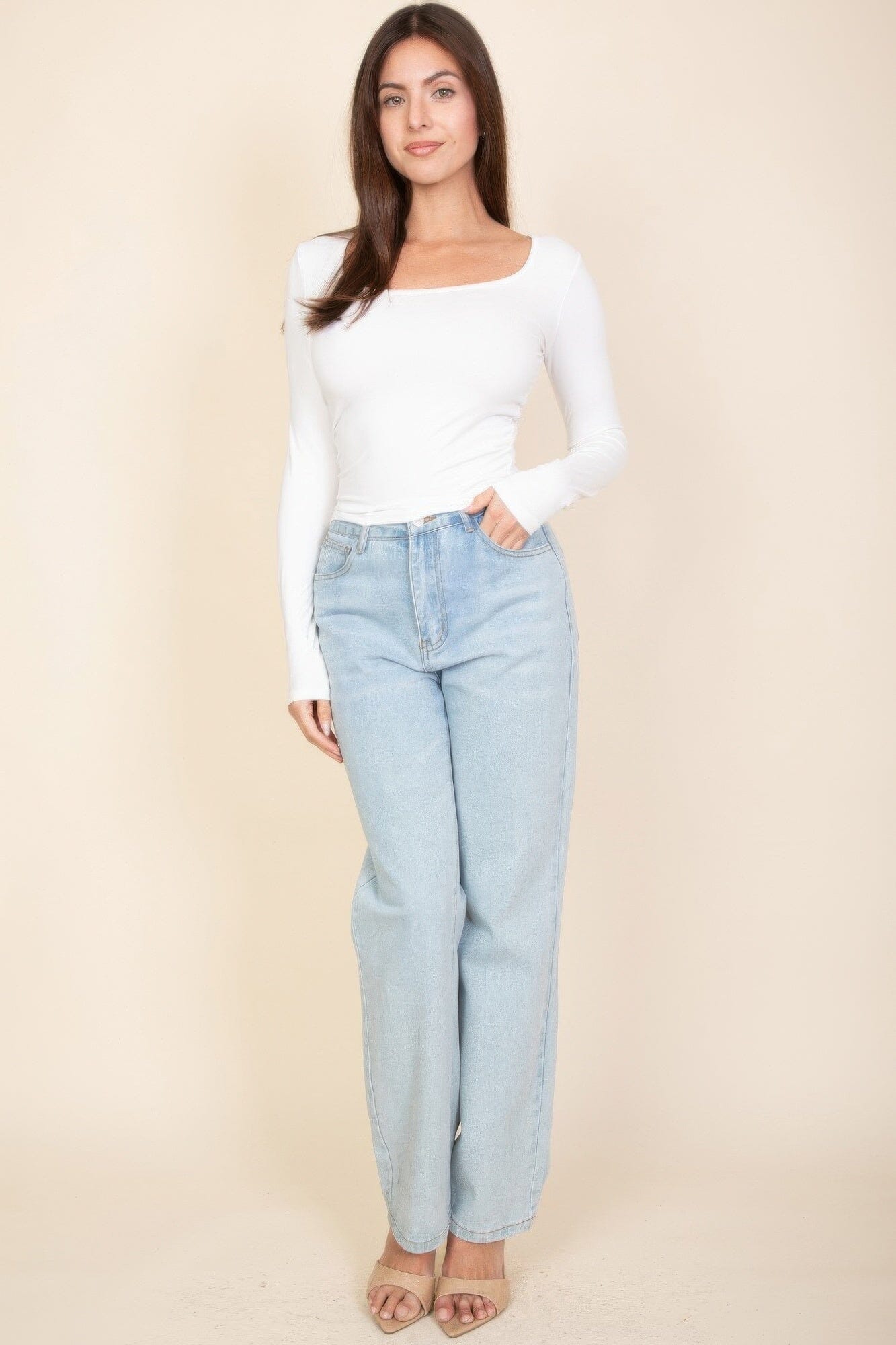Women Square Neck Long Sleeve Top Shirts & Tops jehouze White S 