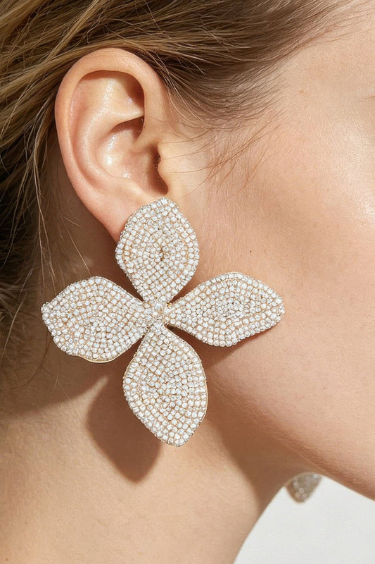 Women Stone Beaded Flower Earrings Earrings jehouze Gold Cream 