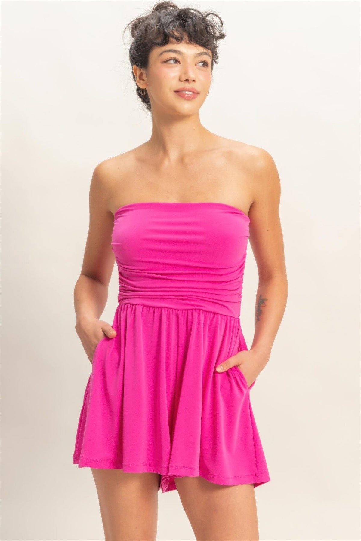 Women Strapless Shirred Waist Romper Jumpsuits & Rompers jehouze 