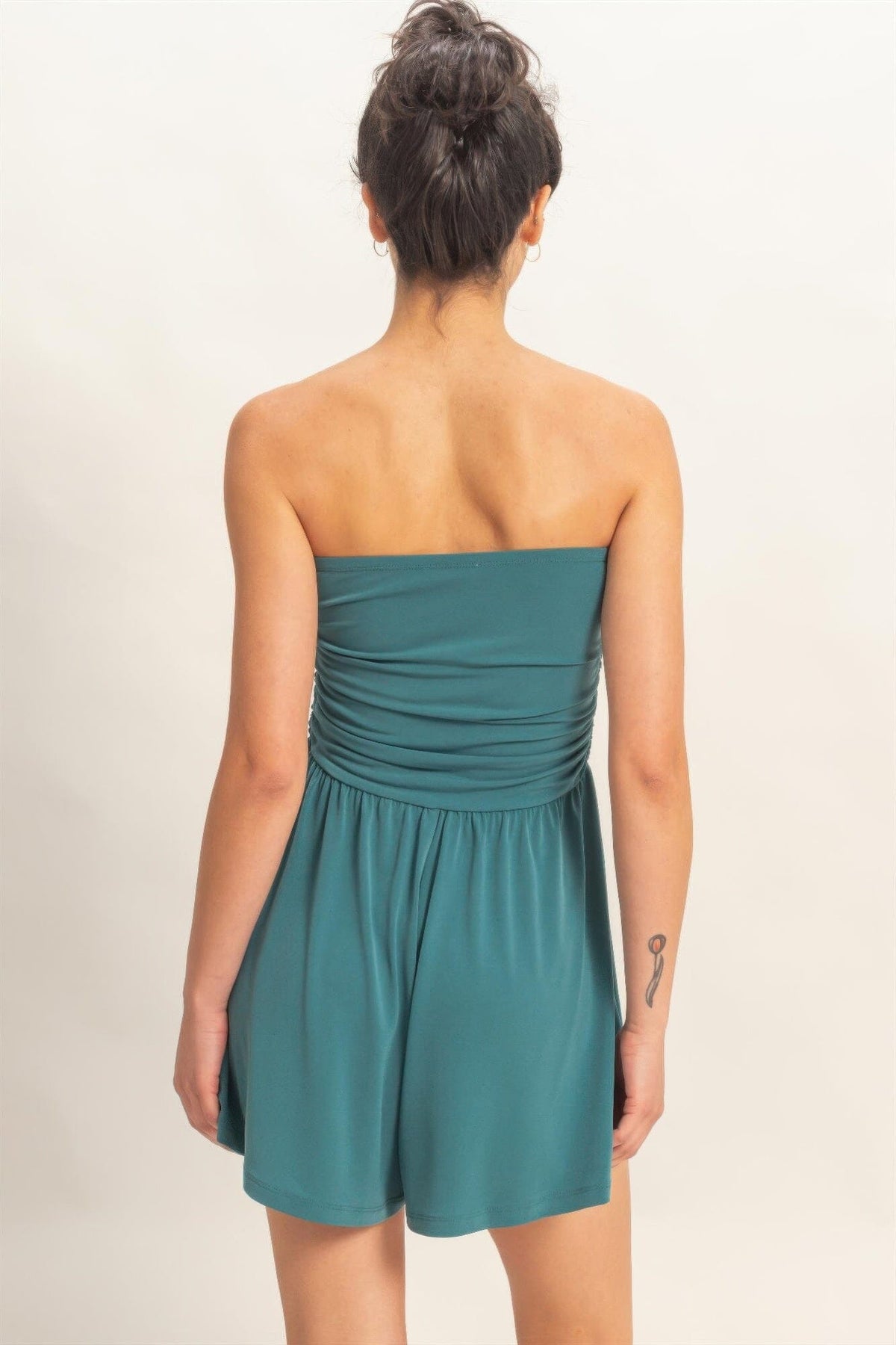 Women Strapless Shirred Waist Romper Jumpsuits & Rompers jehouze 
