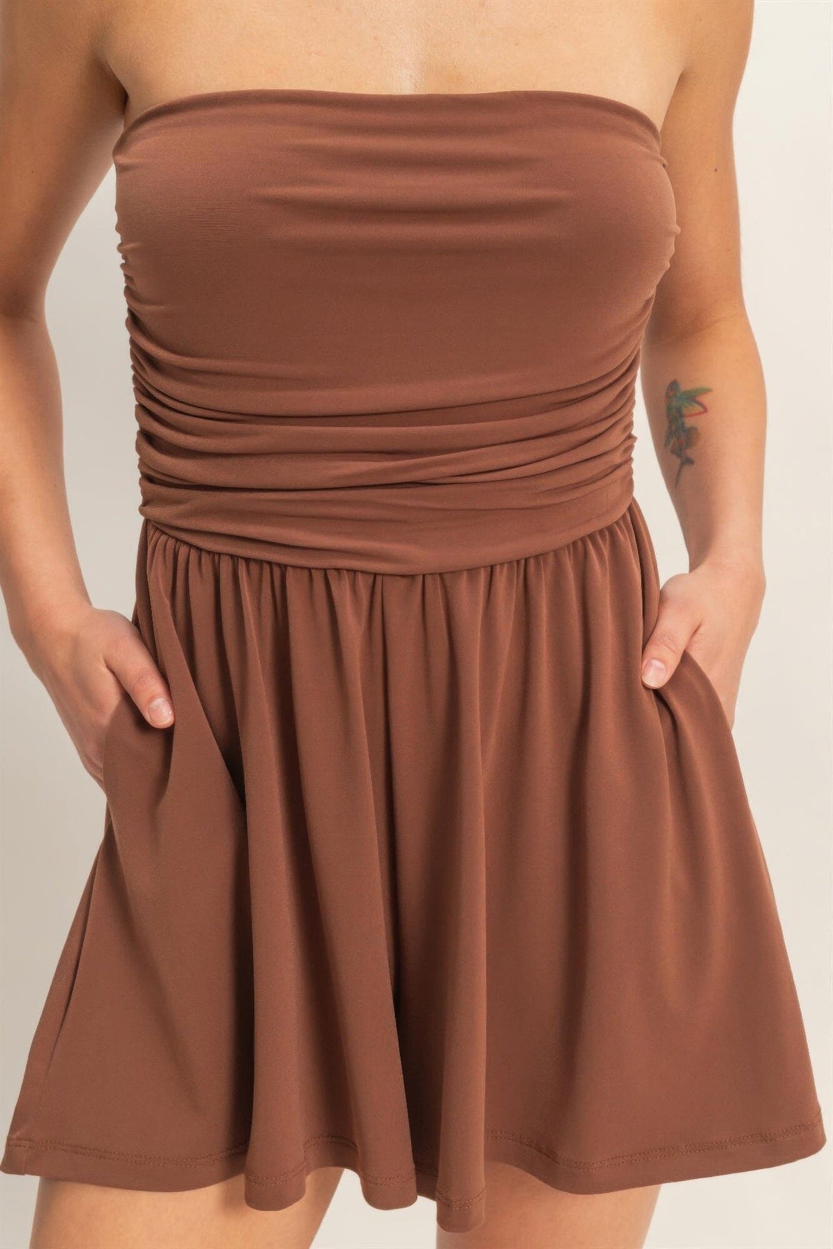 Women Strapless Shirred Waist Romper Jumpsuits & Rompers jehouze 