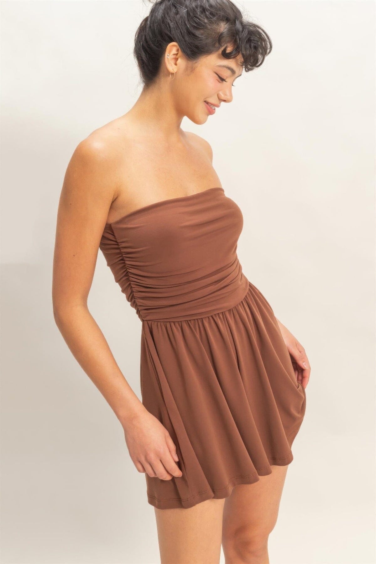 Women Strapless Shirred Waist Romper Jumpsuits & Rompers jehouze 