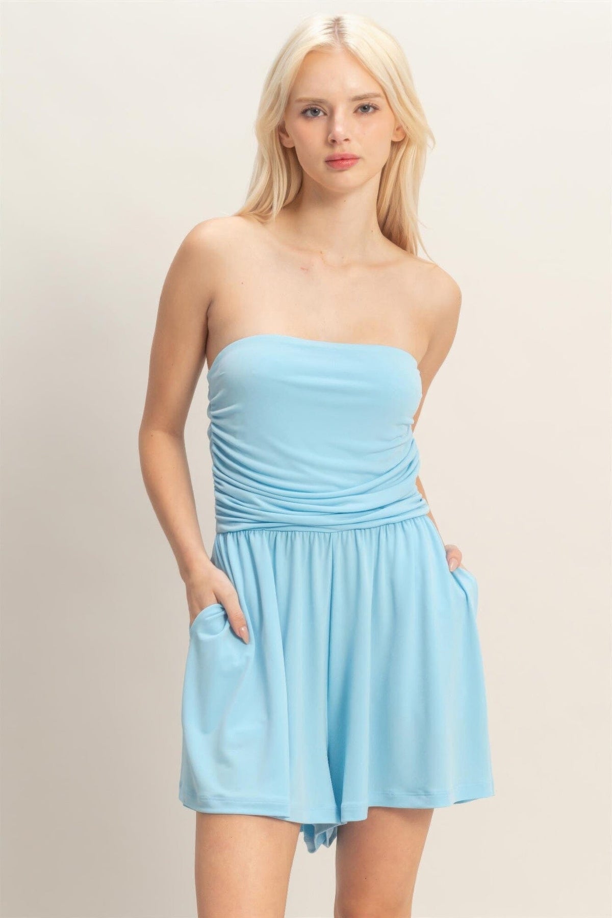 Women Strapless Shirred Waist Romper Jumpsuits & Rompers jehouze 