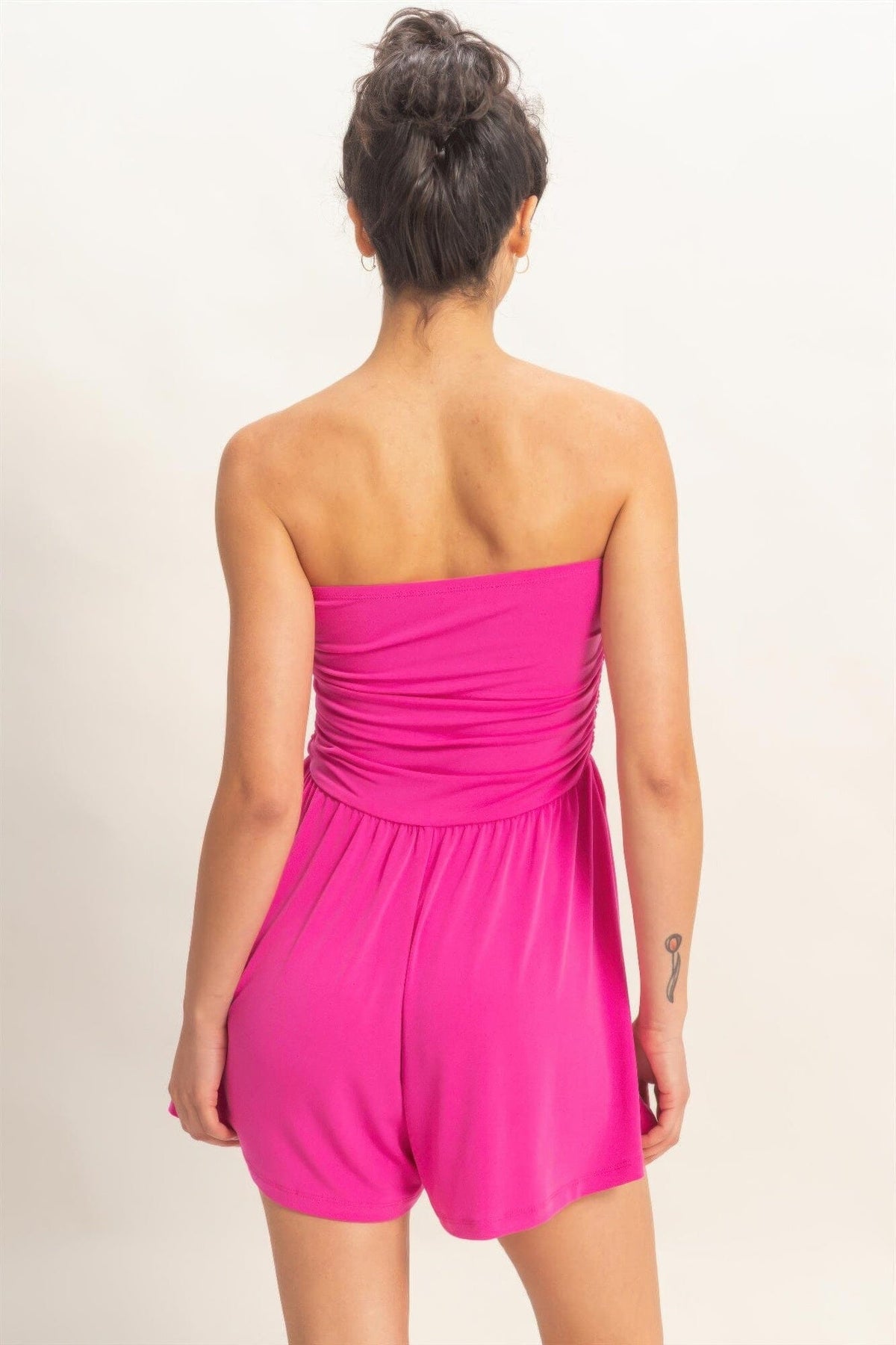 Women Strapless Shirred Waist Romper Jumpsuits & Rompers jehouze 