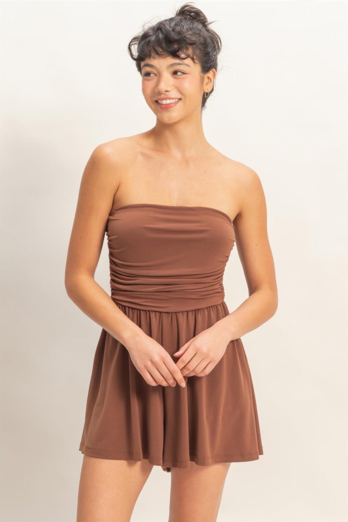 Women Strapless Shirred Waist Romper Jumpsuits & Rompers jehouze 
