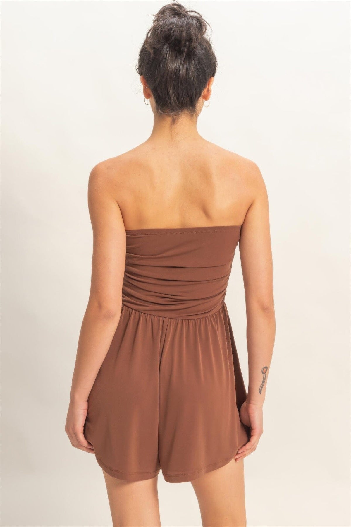 Women Strapless Shirred Waist Romper Jumpsuits & Rompers jehouze 