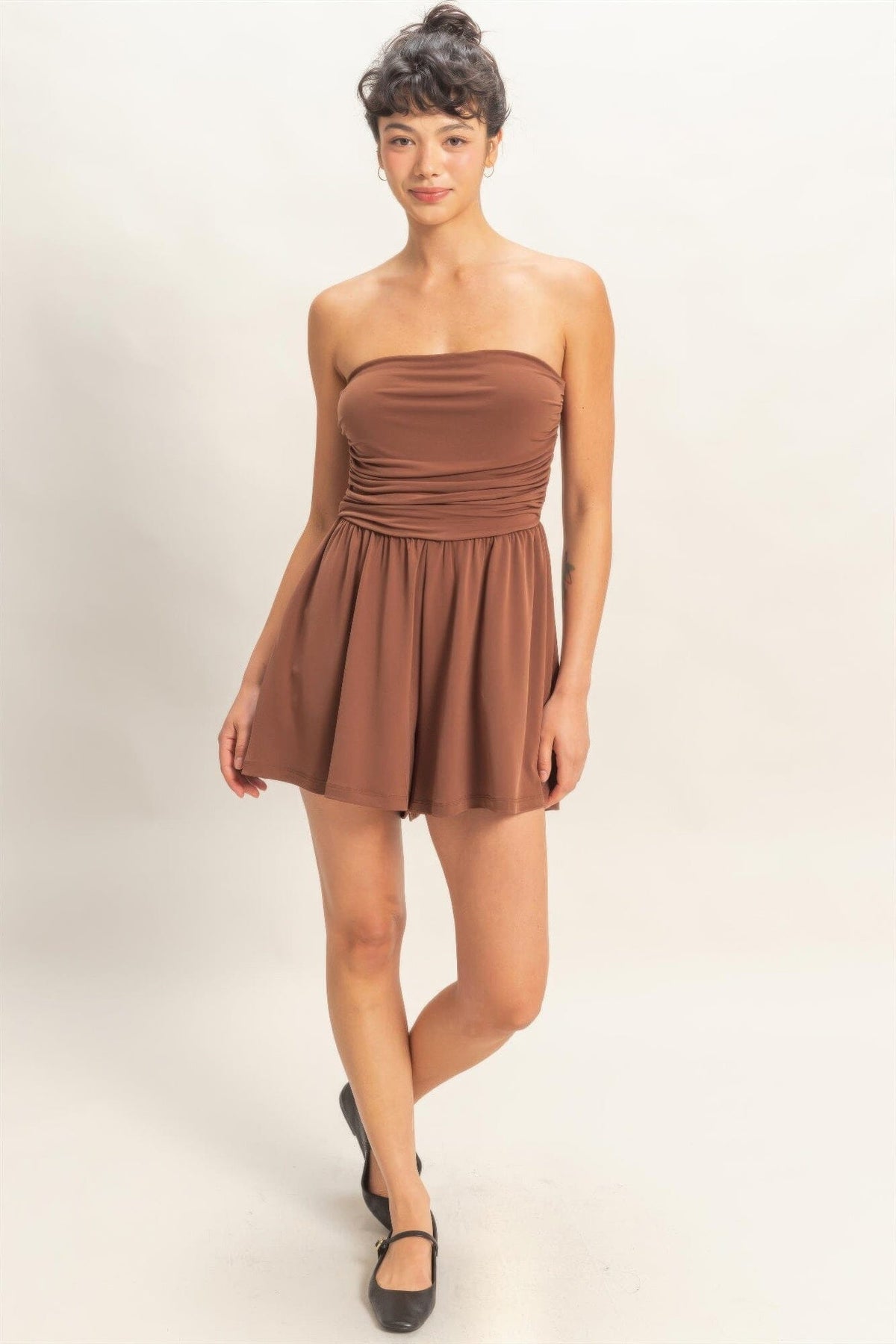 Women Strapless Shirred Waist Romper Jumpsuits & Rompers jehouze Chocolate S 