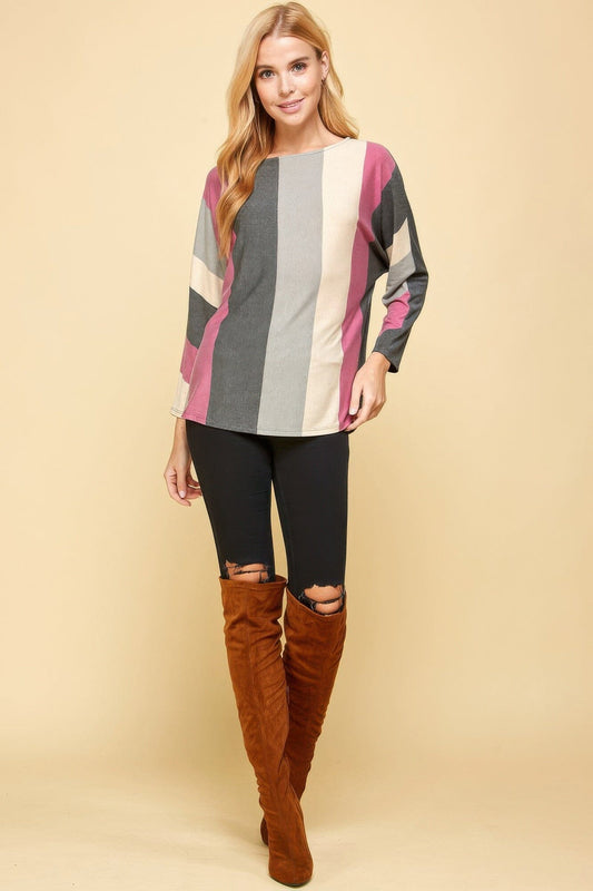 Women Striped Dolman Sleeves Top Shirts & Tops jehouze Magenta/Grey S 