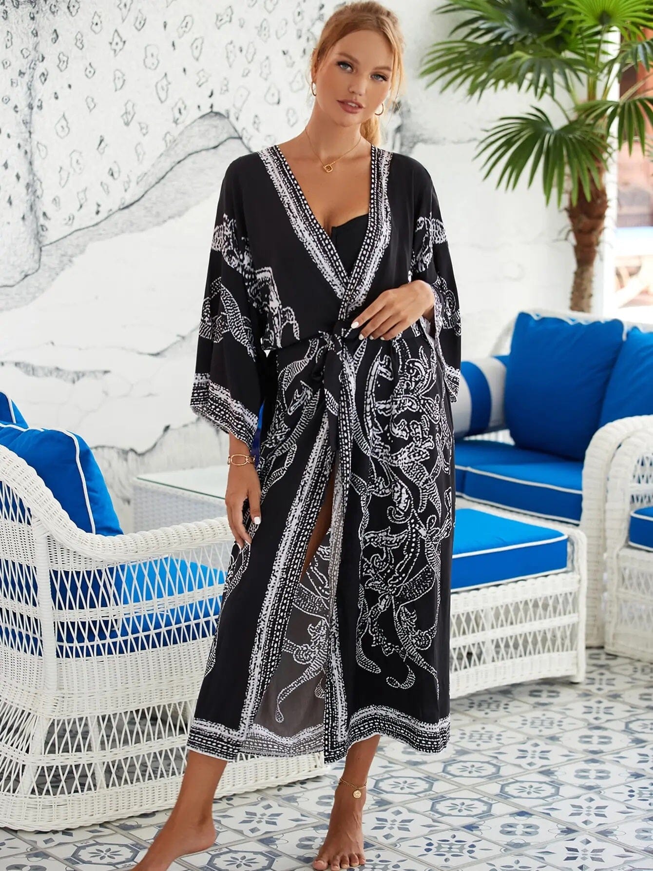 Women Summer Bohemian Long Kaftan Kimono Maxi Beach Coverup Outerwear jehouze Q1512-Black 