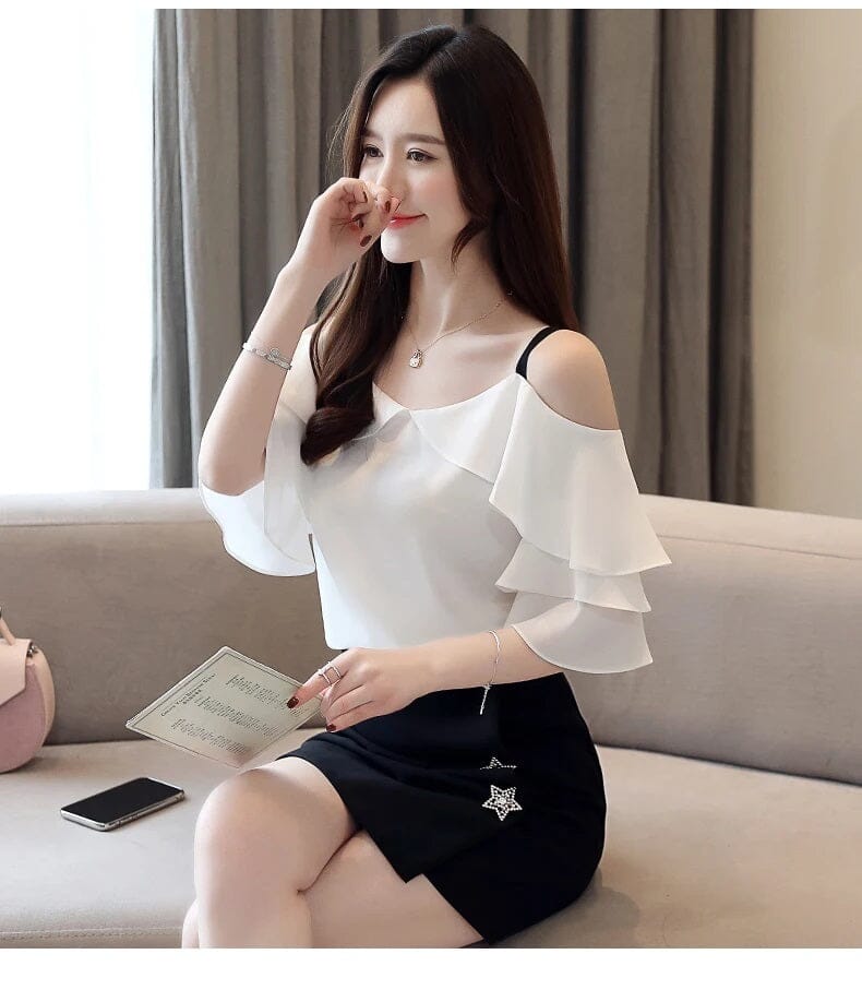 Women Summer Off Shoulder Chiffon Ruffles Short Sleeves Blouse Top Shirts & Tops jehouze 