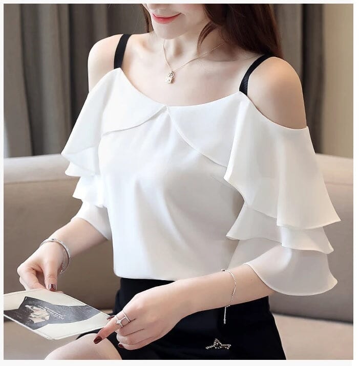 Women Summer Off Shoulder Chiffon Ruffles Short Sleeves Blouse Top Shirts & Tops jehouze 