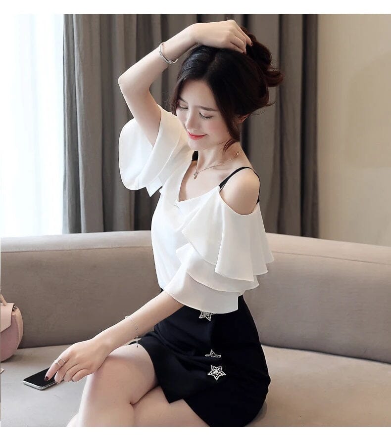 Women Summer Off Shoulder Chiffon Ruffles Short Sleeves Blouse Top Shirts & Tops jehouze 