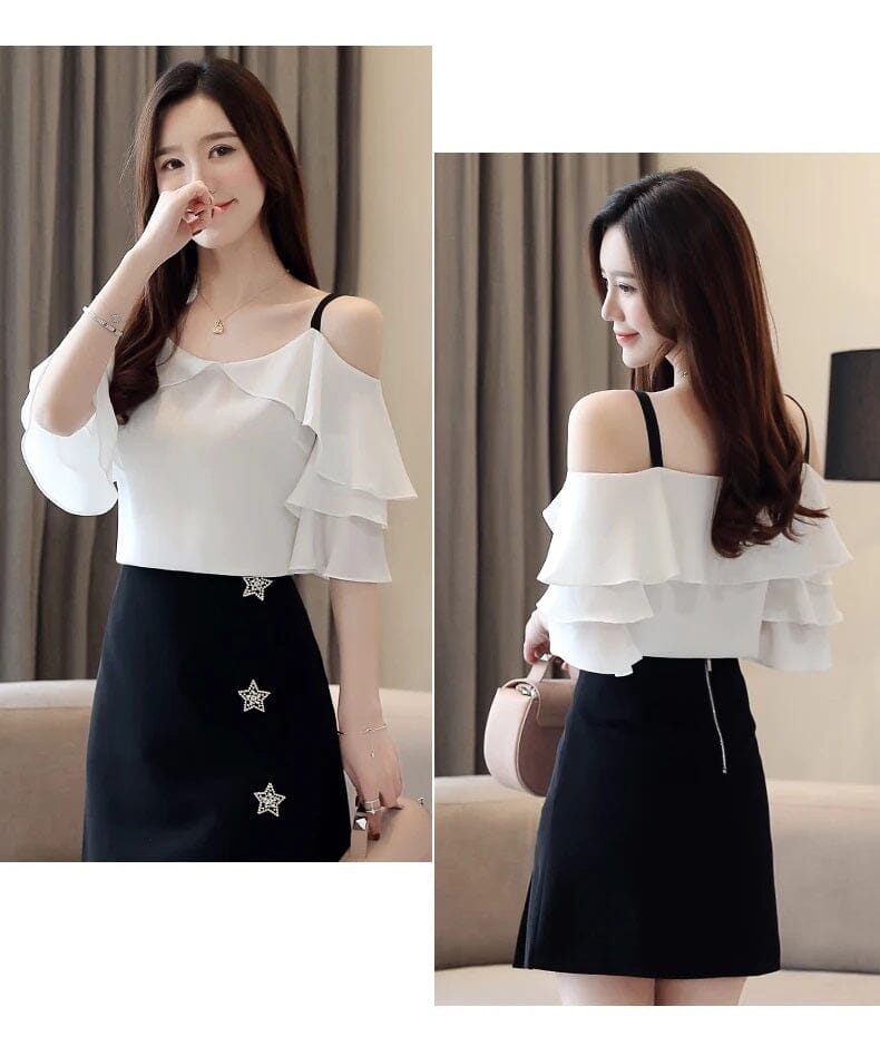 Women Summer Off Shoulder Chiffon Ruffles Short Sleeves Blouse Top Shirts & Tops jehouze 