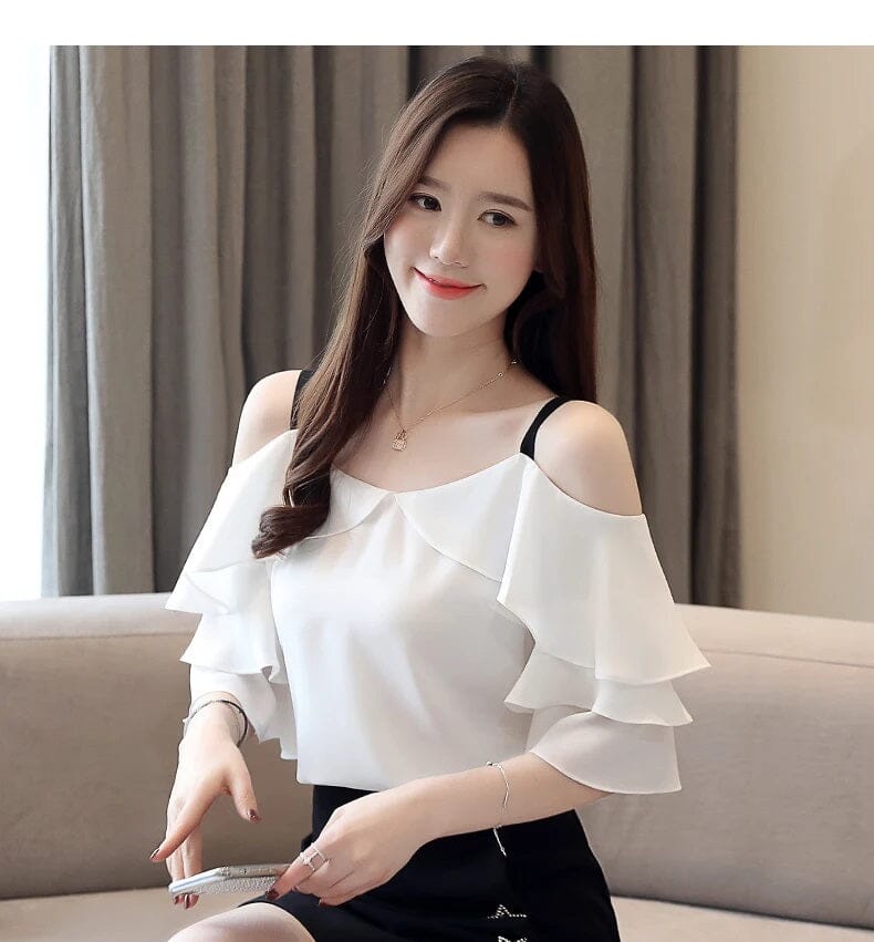 Women Summer Off Shoulder Chiffon Ruffles Short Sleeves Blouse Top Shirts & Tops jehouze S 