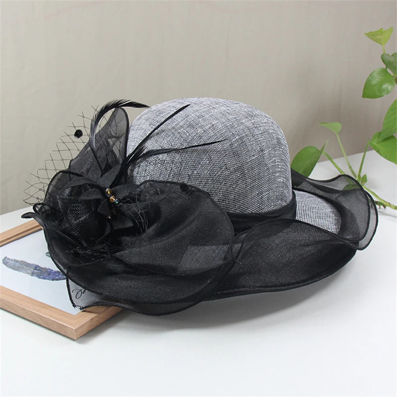 Women Summer Sunhat Flower Organza Church Fascinator Wedding Tea Party Derby Hat Hat jehouze black 