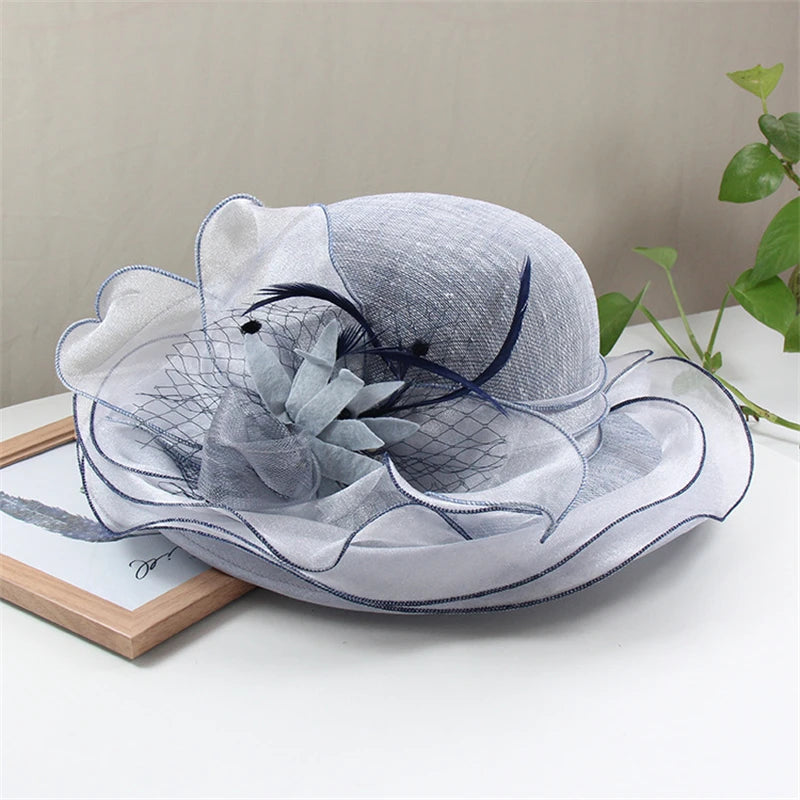 Women Summer Sunhat Flower Organza Church Fascinator Wedding Tea Party Derby Hat Hat jehouze dark blue 